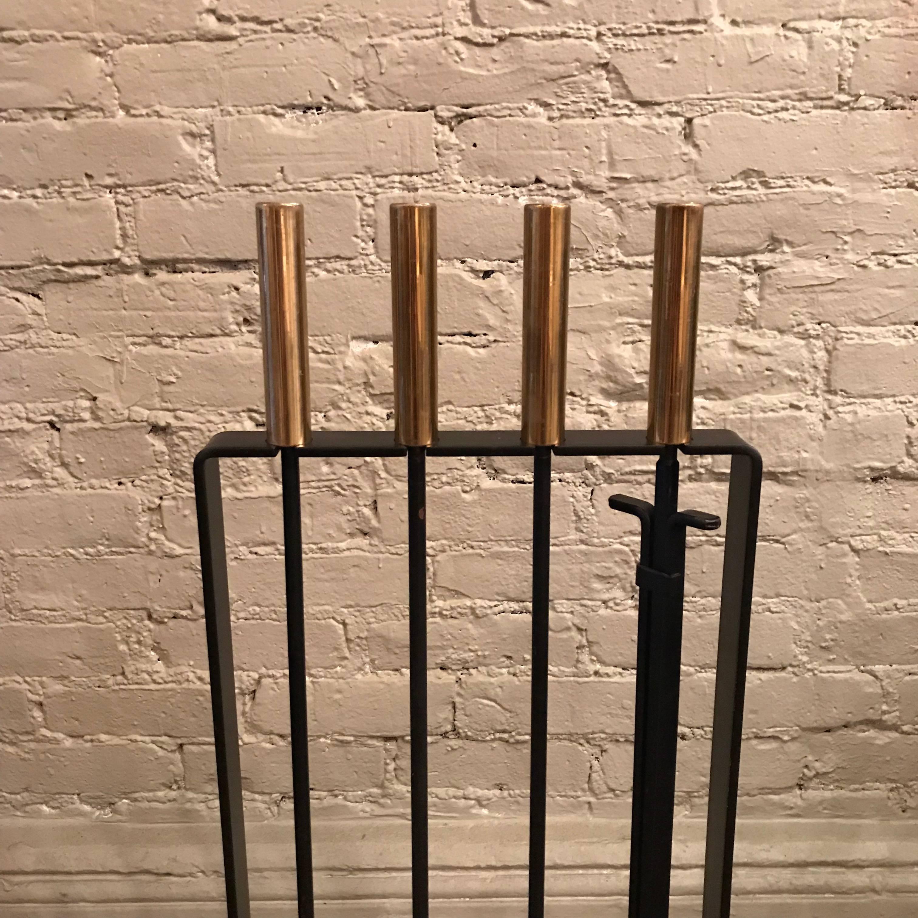 Polished Modernist Wrought Iron and Brass Fireplace Tools