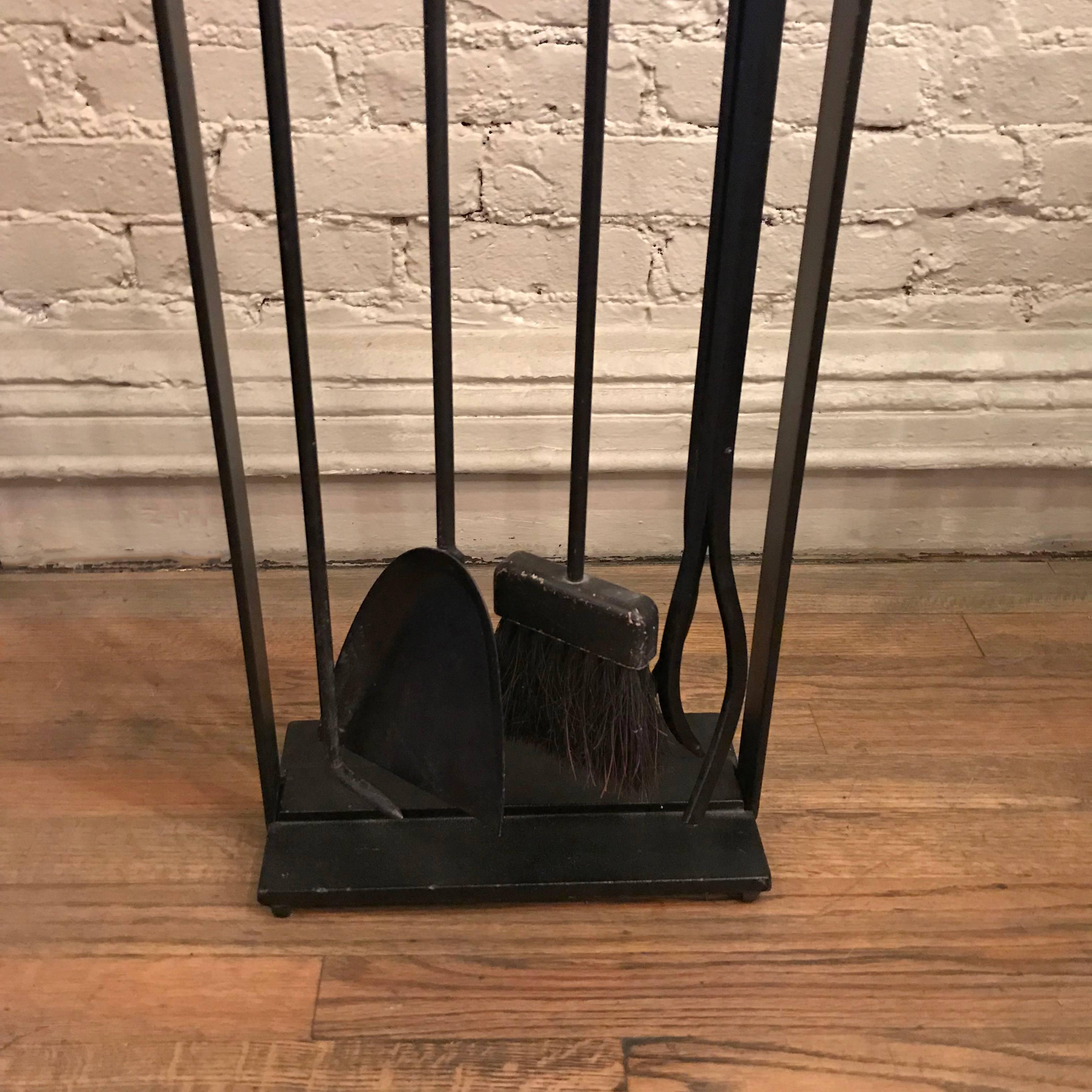 Mid-20th Century Modernist Wrought Iron and Brass Fireplace Tools