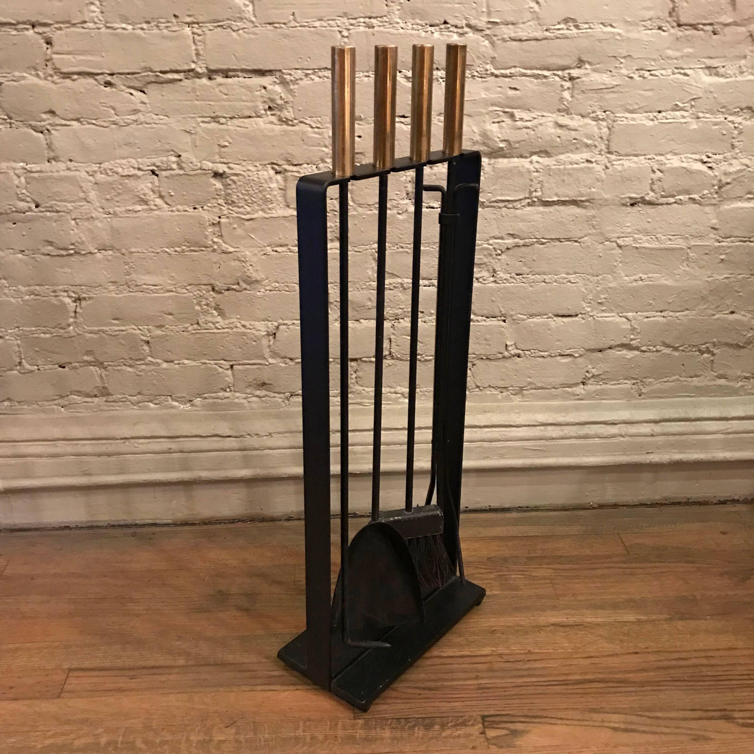 Mid-Century Modern Modernist Wrought Iron and Brass Fireplace Tools