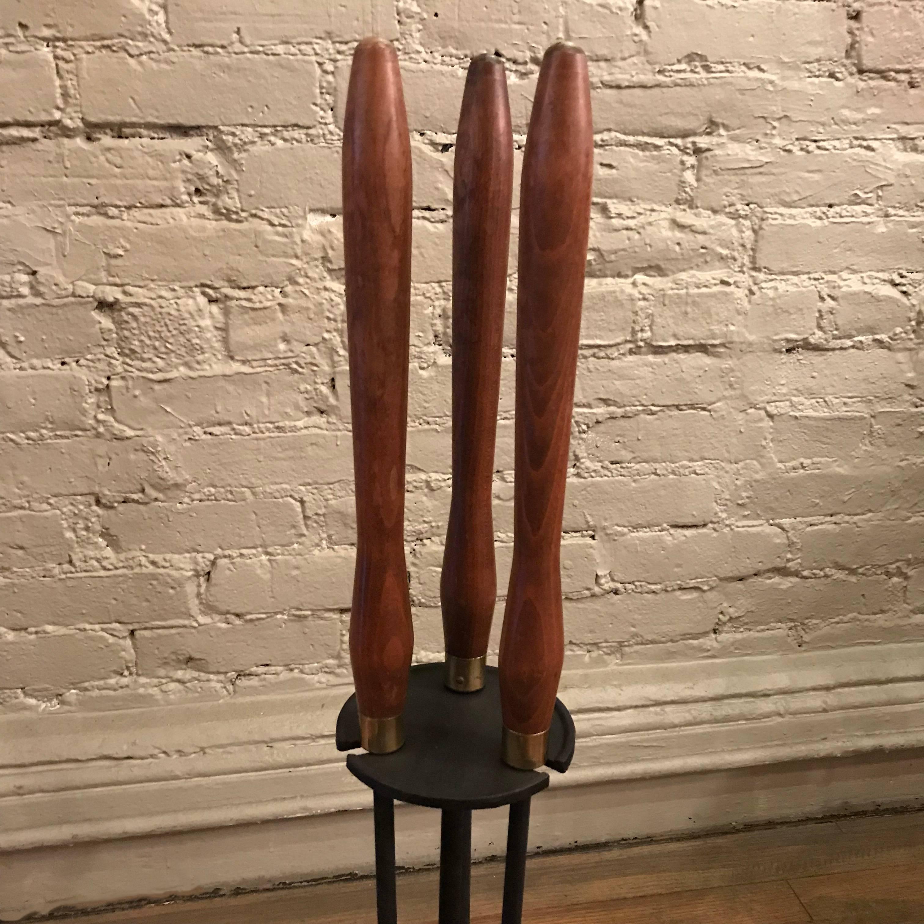 American Mid-Century Modern Maple Brass Wrought Iron Fireplace Tools