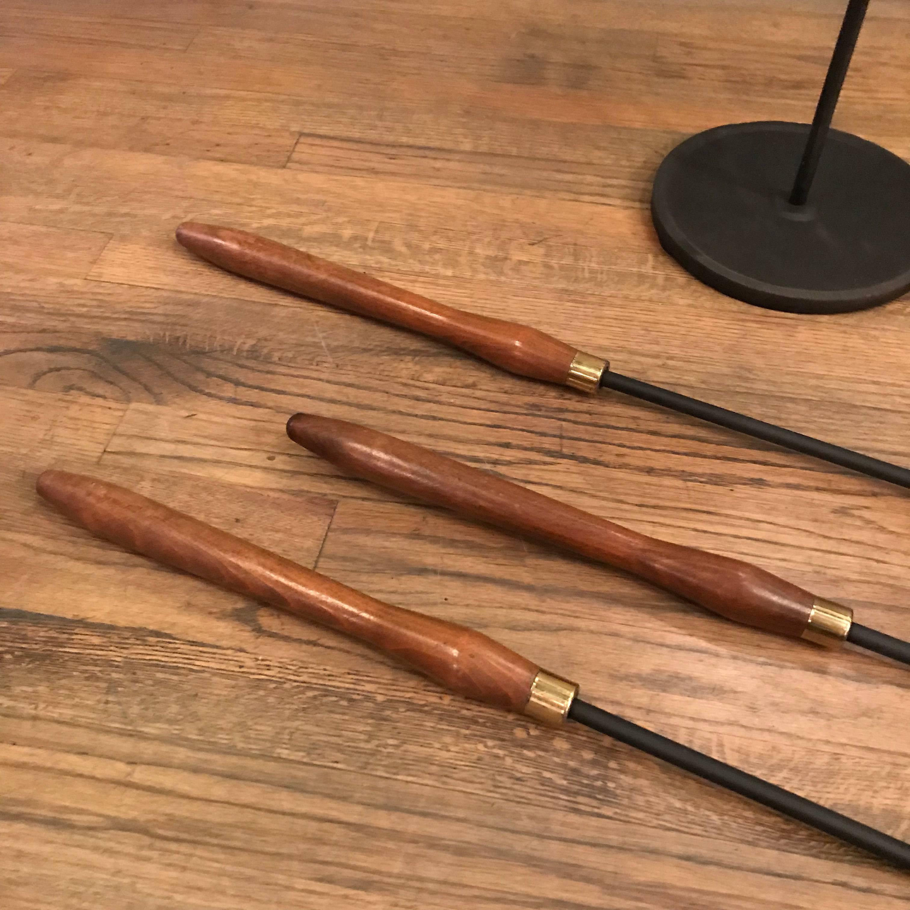 Mid-20th Century Mid-Century Modern Maple Brass Wrought Iron Fireplace Tools
