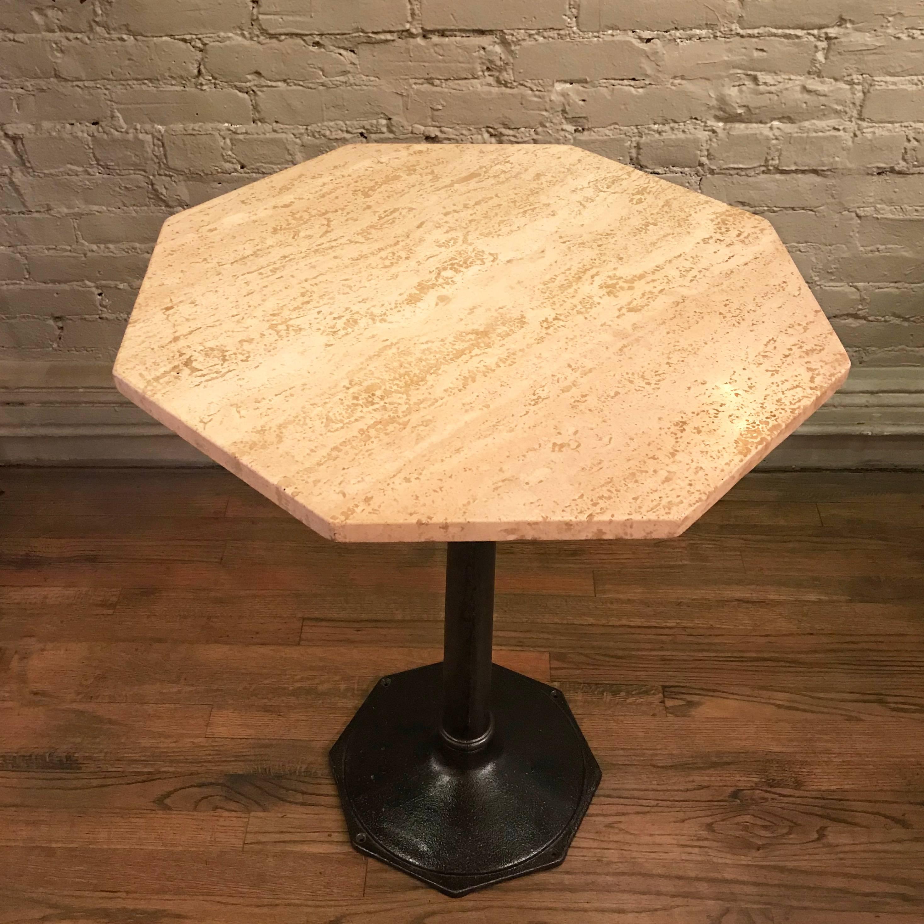 Industrial Octagonal Travertine and Cast Iron Pedestal Bistro Table