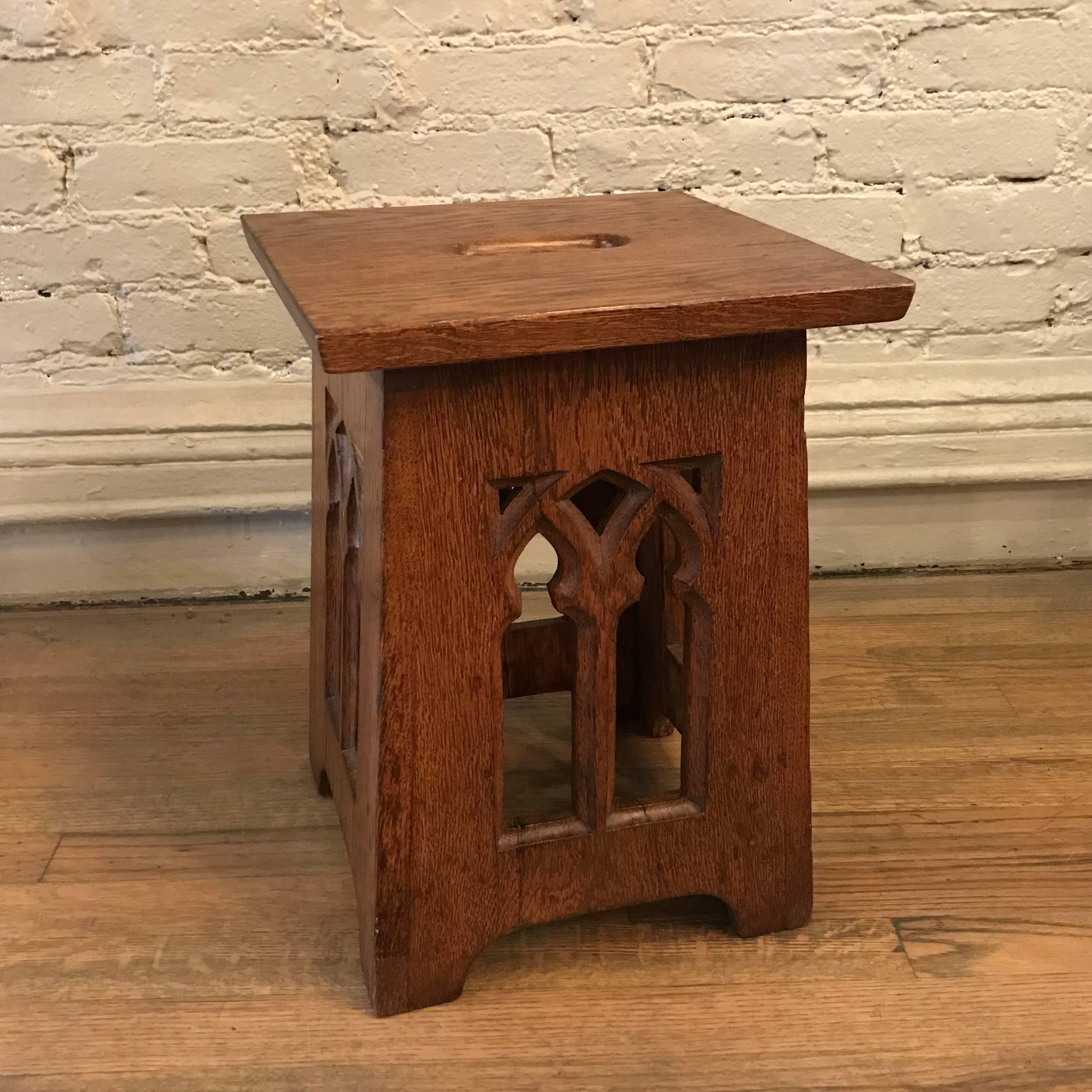 Gothic, oak, square stool used in a church or rectory, features carved, 