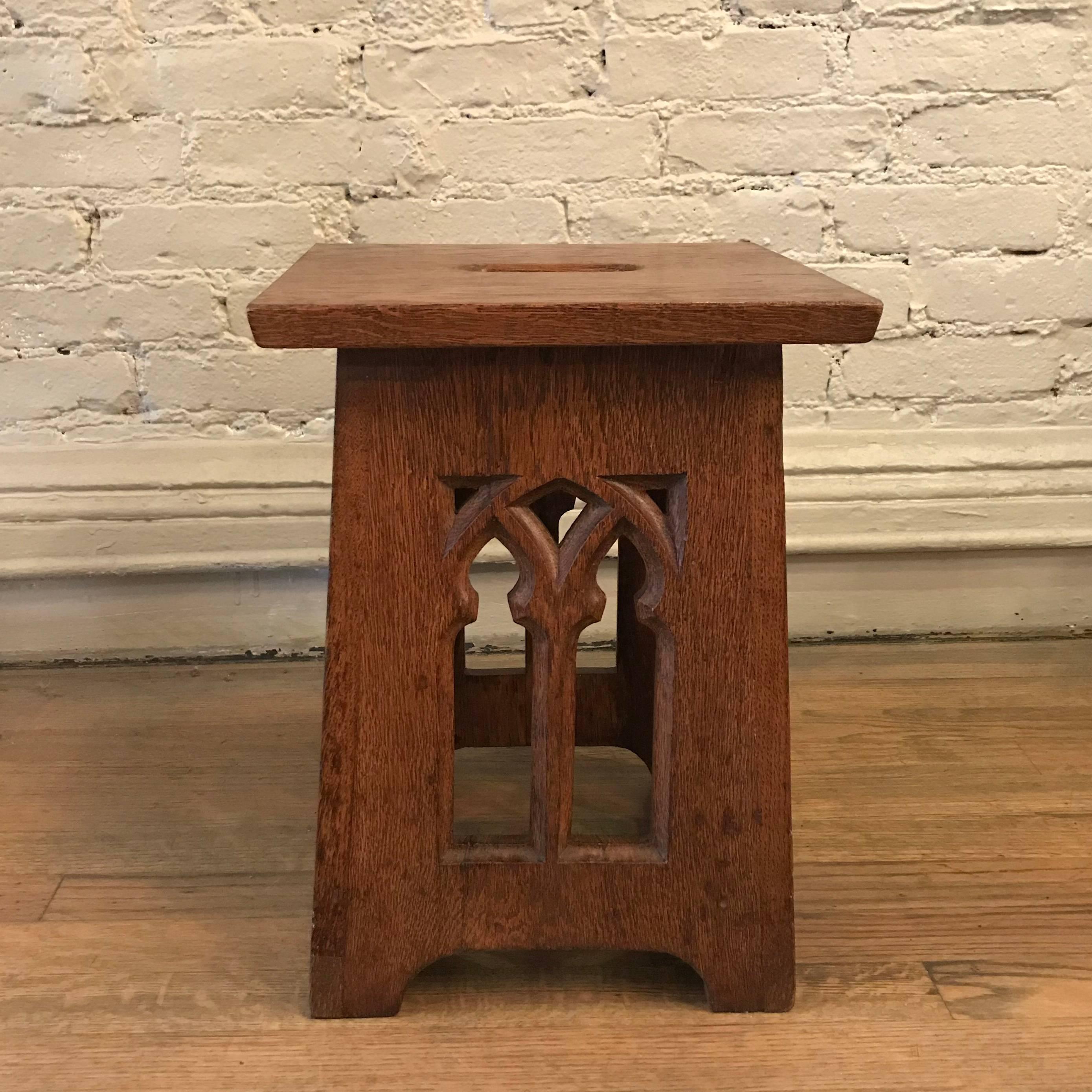 American Gothic Carved Oak Cathedral Window Detail Church Stool