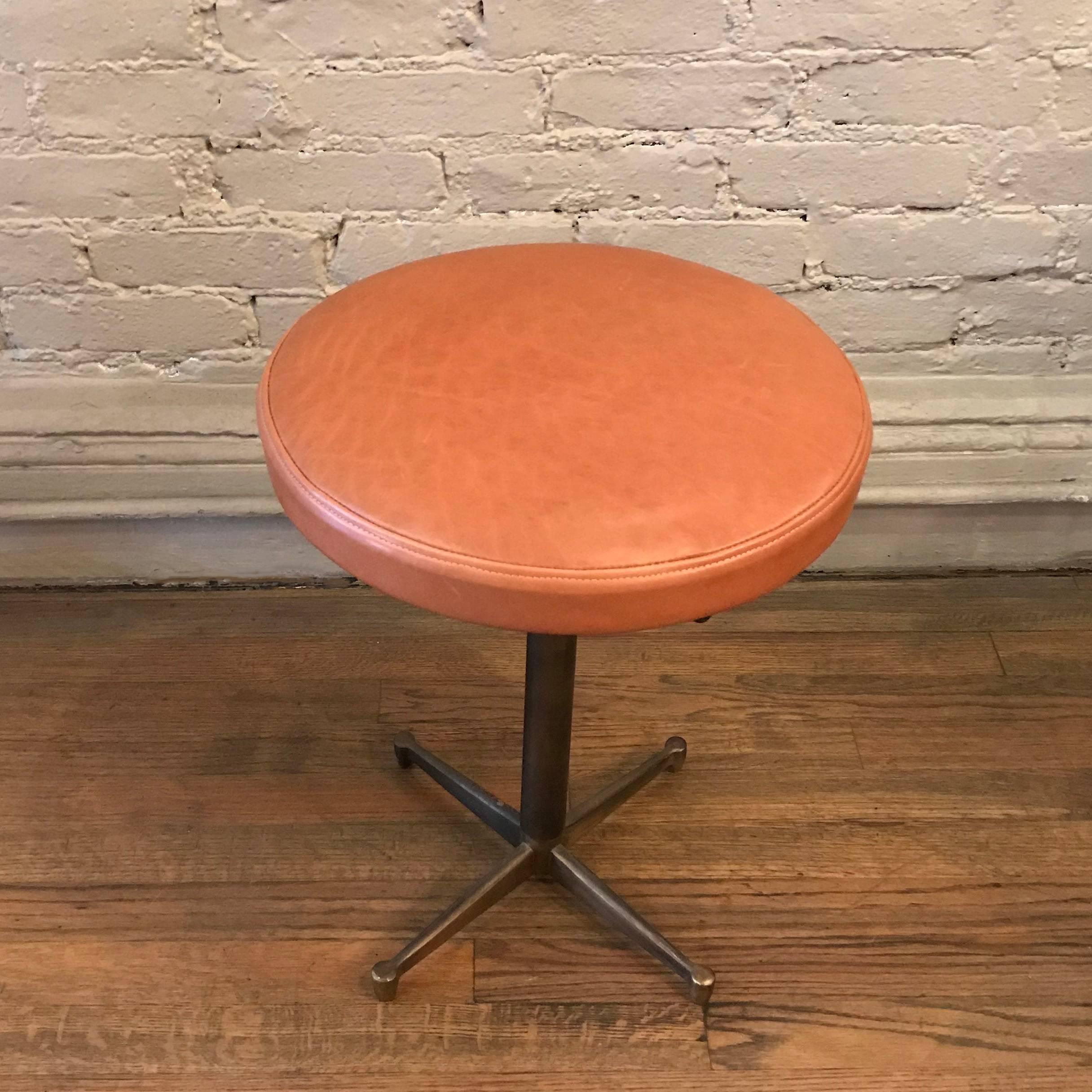 French Mid-Century Modern Leather and Bronze Swivel Vanity Stool In Excellent Condition In Brooklyn, NY