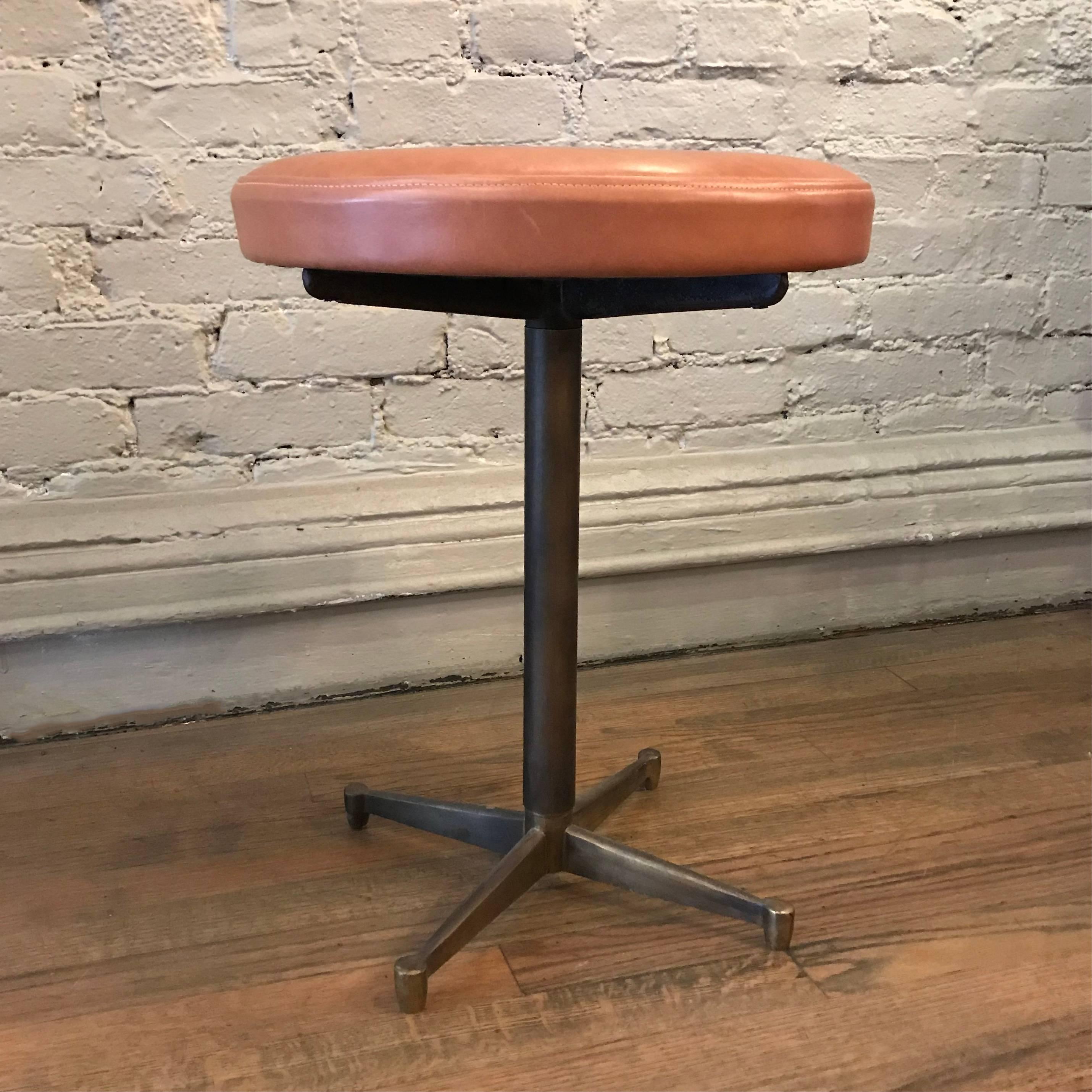Mid-20th Century French Mid-Century Modern Leather and Bronze Swivel Vanity Stool