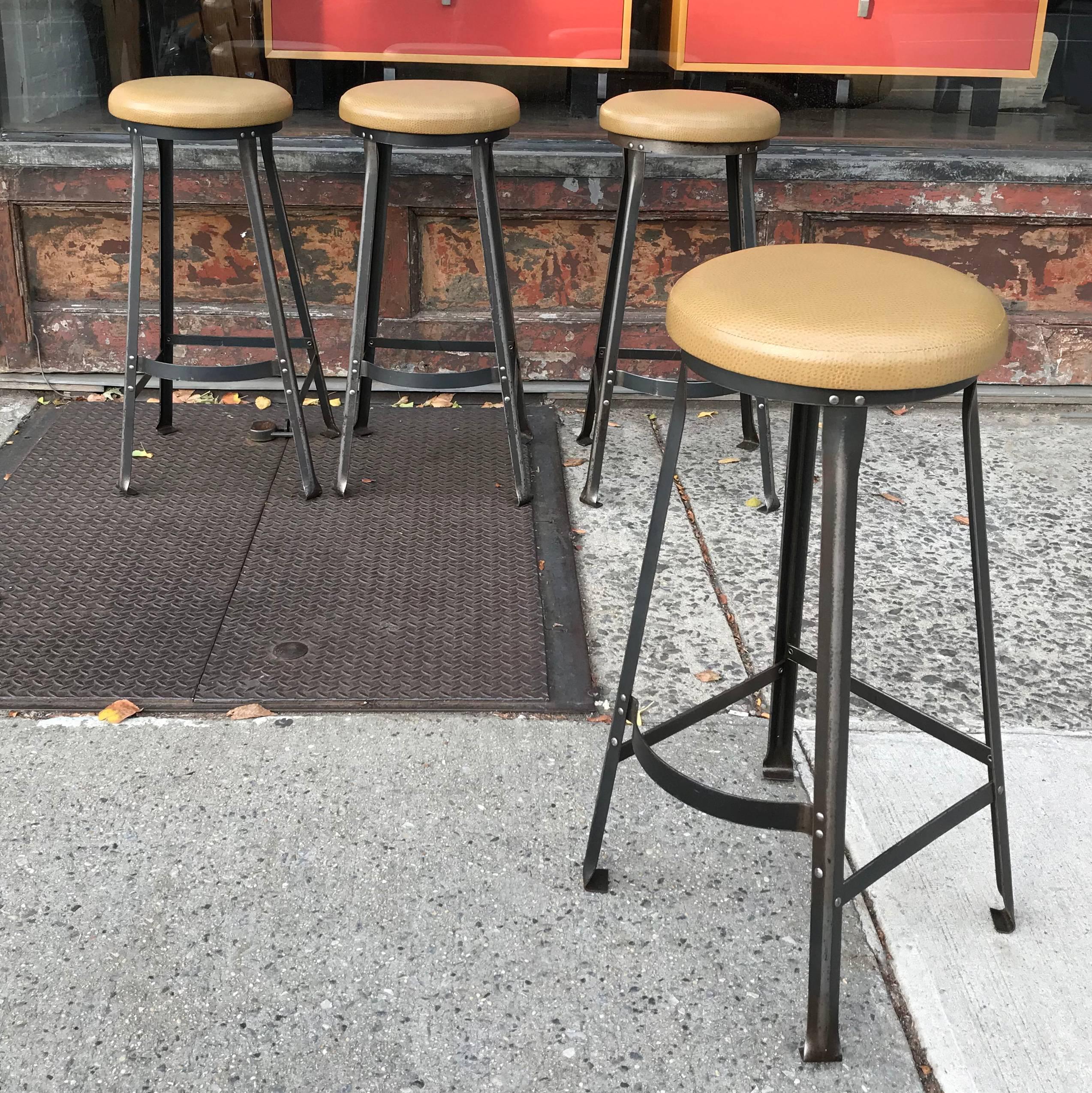American Industrial Midcentury Angle Iron and Faux Ostrich Barstools