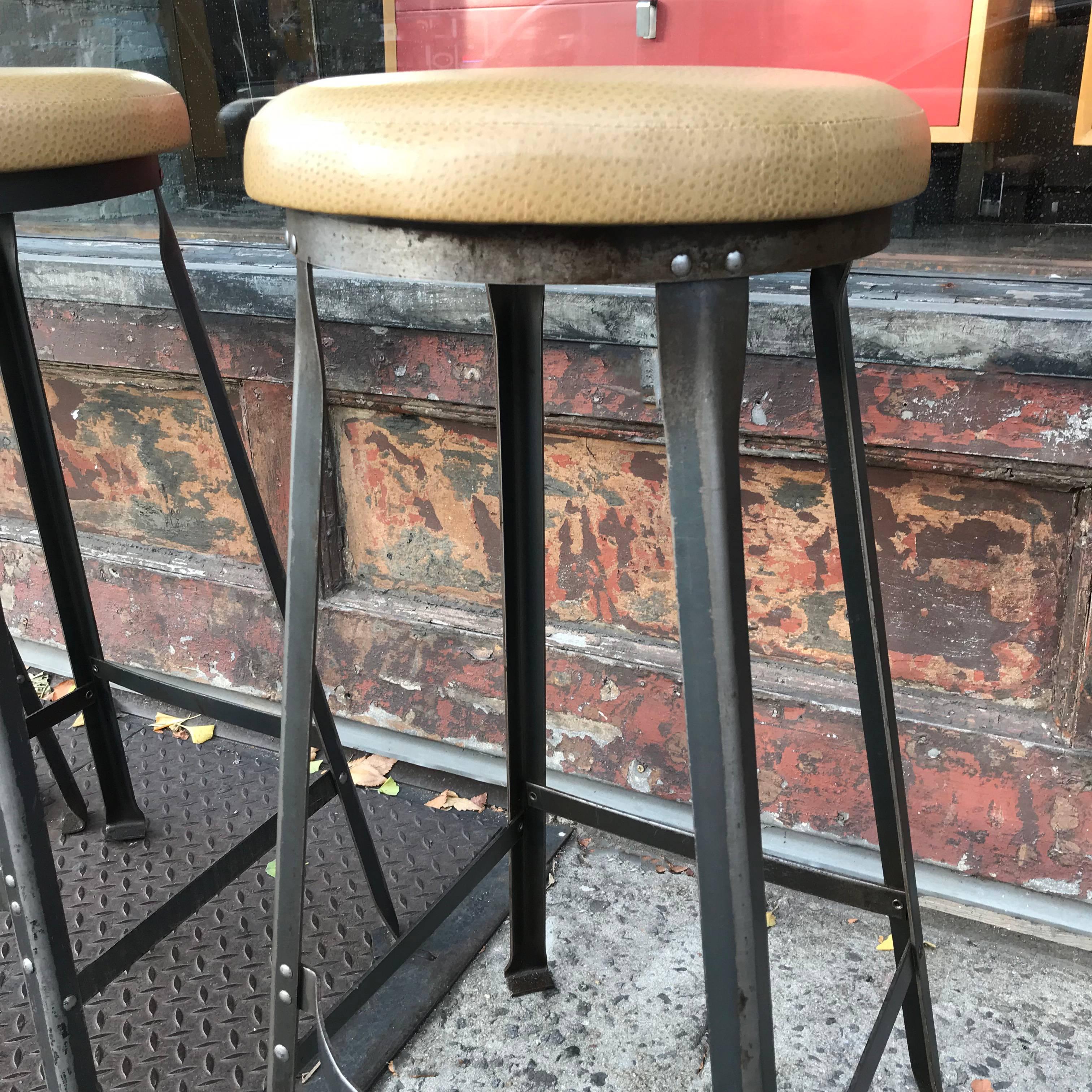 Polished Industrial Midcentury Angle Iron and Faux Ostrich Barstools