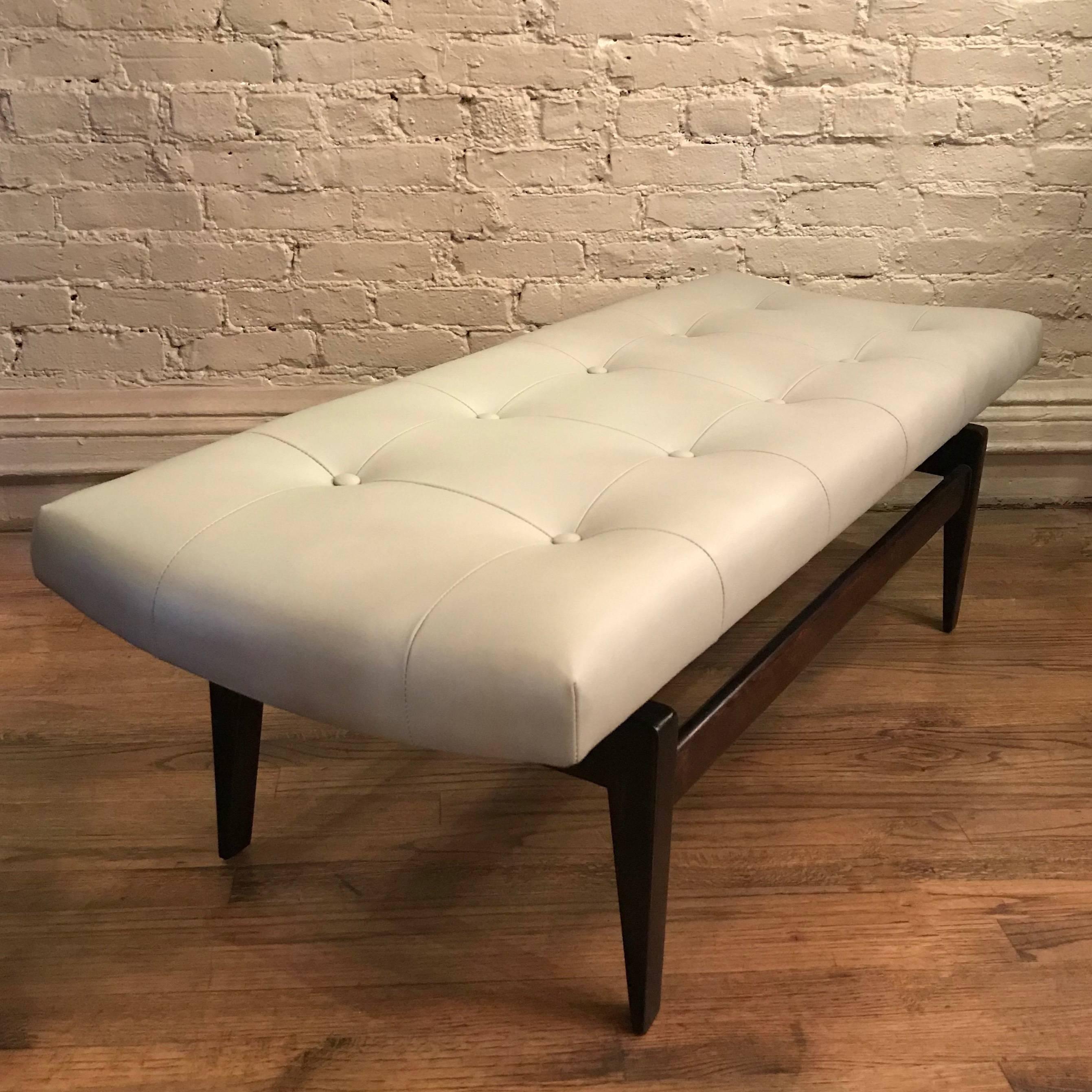 American Jens Risom Floating Walnut and Leather Upholstered Bench