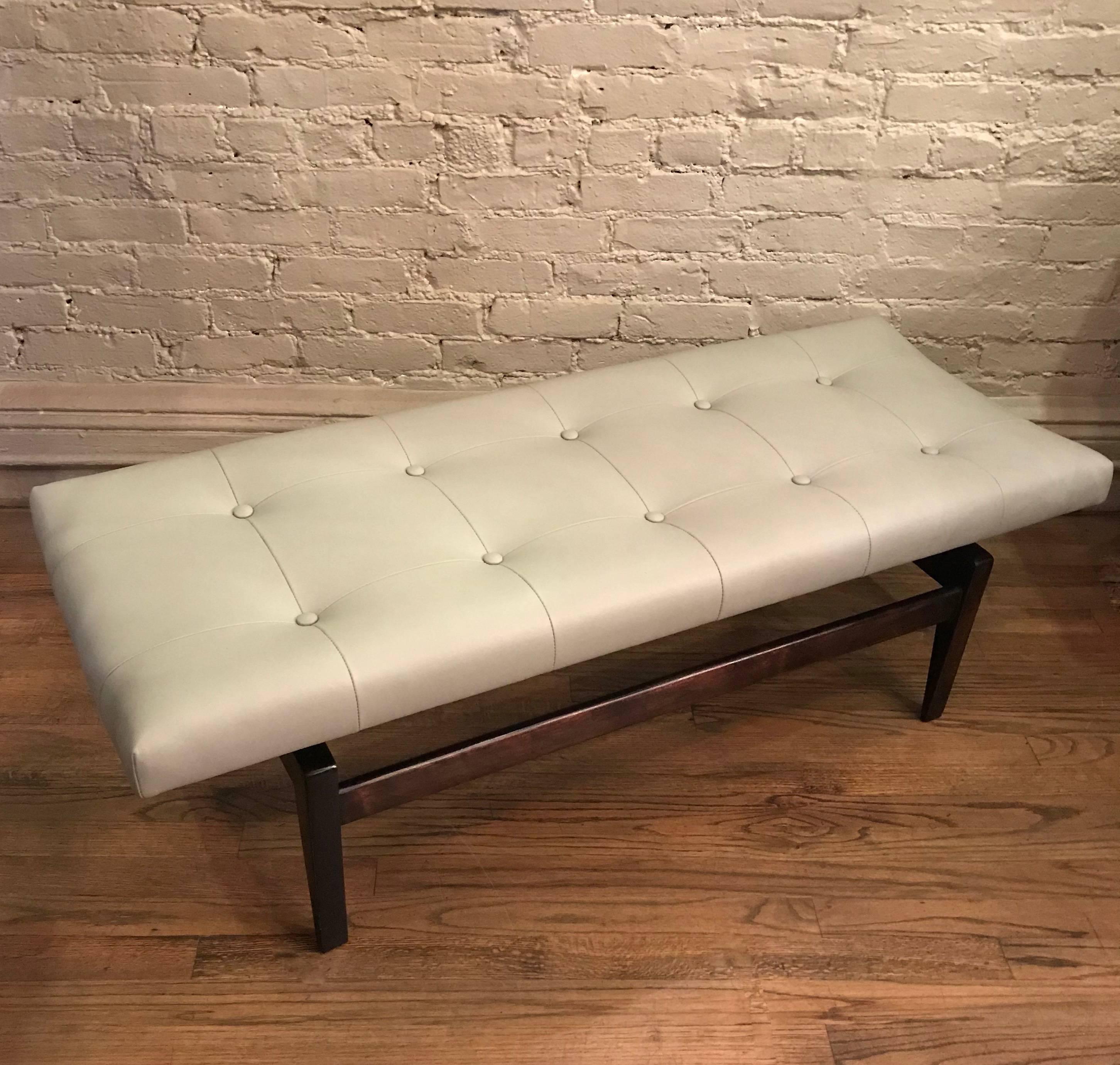 Mid-Century Modern Jens Risom Floating Walnut and Leather Upholstered Bench
