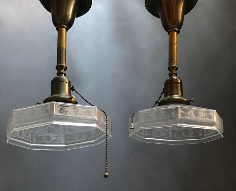 20th Century Pair of Industrial Etched Octagonal Glass Pendant Lights on Brass Poles For Sale