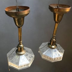 Pair of Industrial Etched Octagonal Glass Pendant Lights on Brass Poles