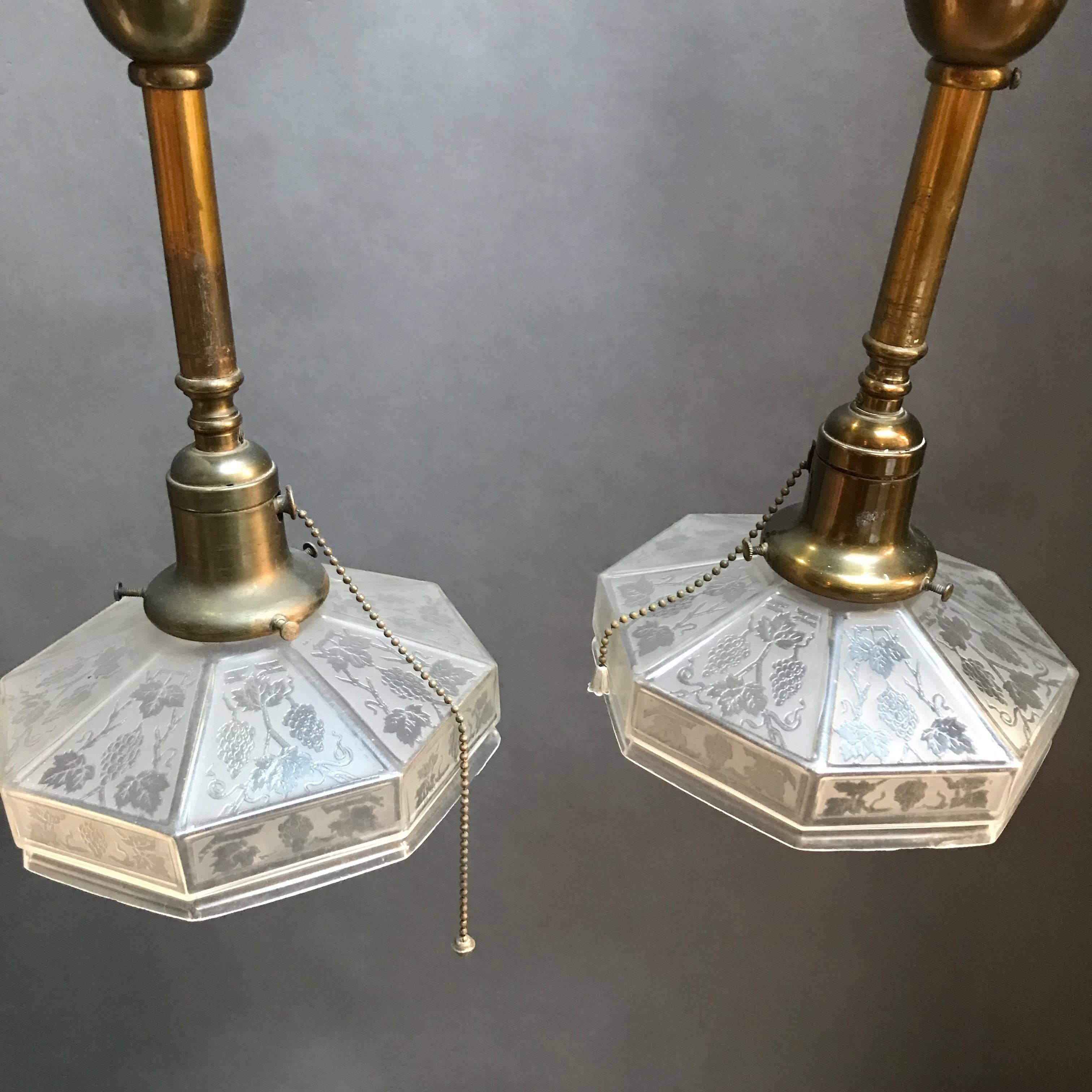 20th Century Pair of Industrial Etched Octagonal Glass Pendant Lights on Brass Poles For Sale