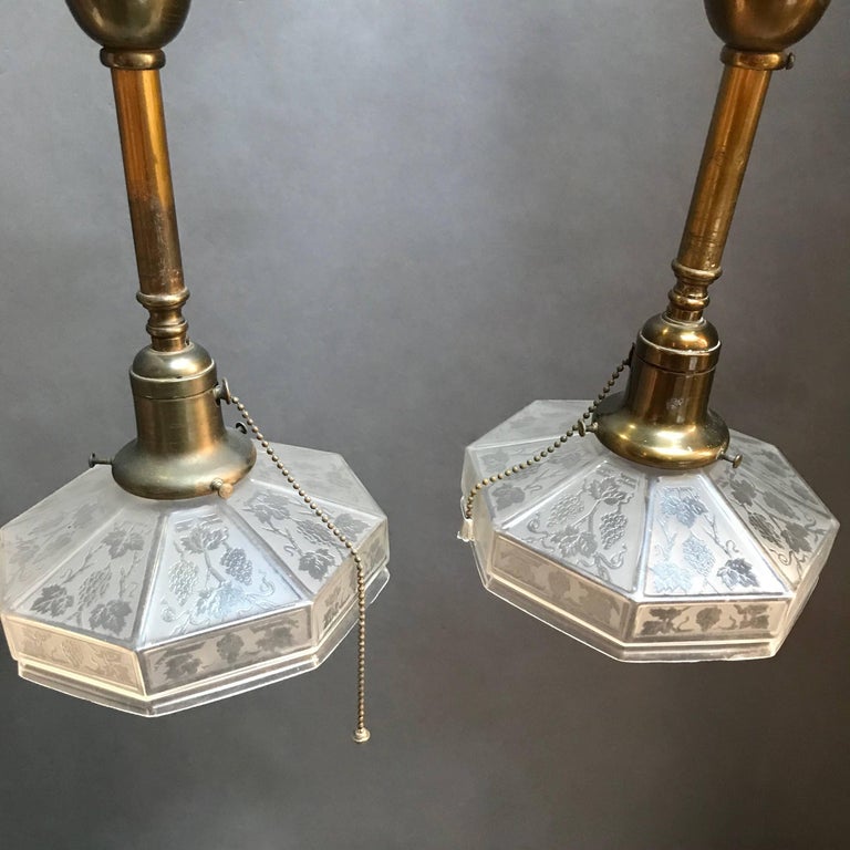 Pair of Industrial Etched Octagonal Glass Pendant Lights on Brass Poles For Sale 1