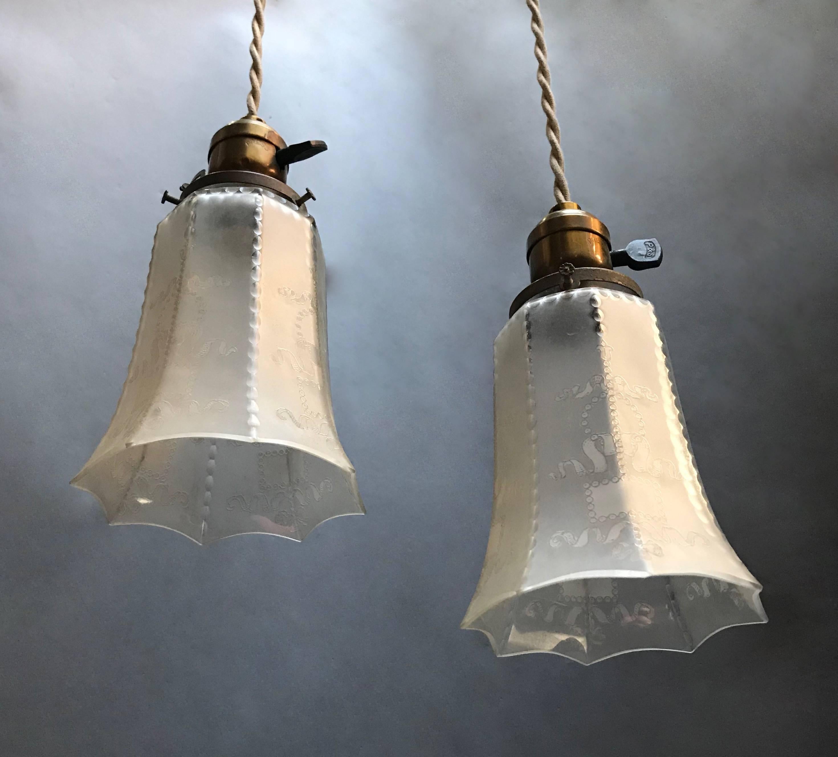 American Pair of Industrial Faceted Frosted Glass Pendant Lights