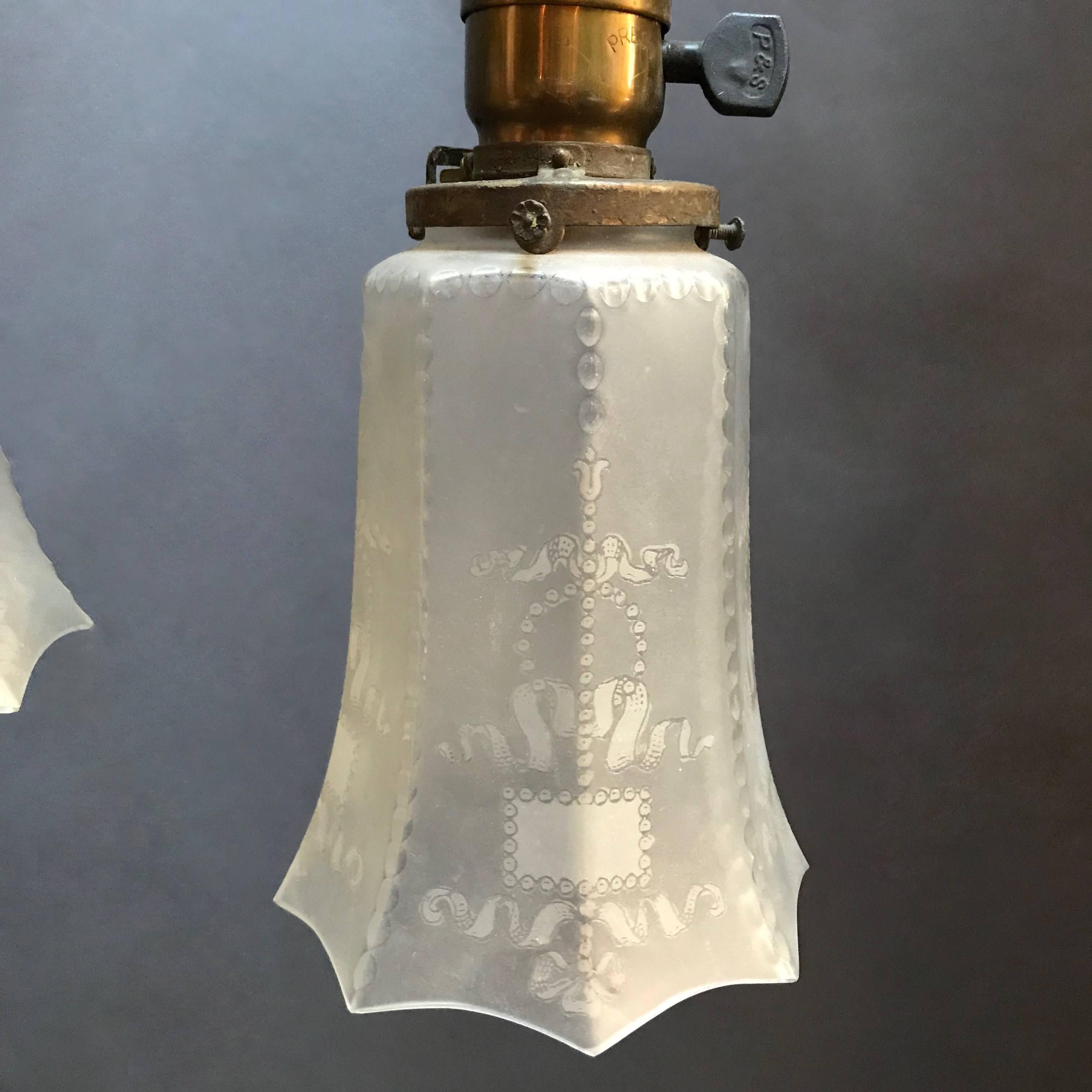 Pair of Industrial Faceted Frosted Glass Pendant Lights In Excellent Condition In Brooklyn, NY