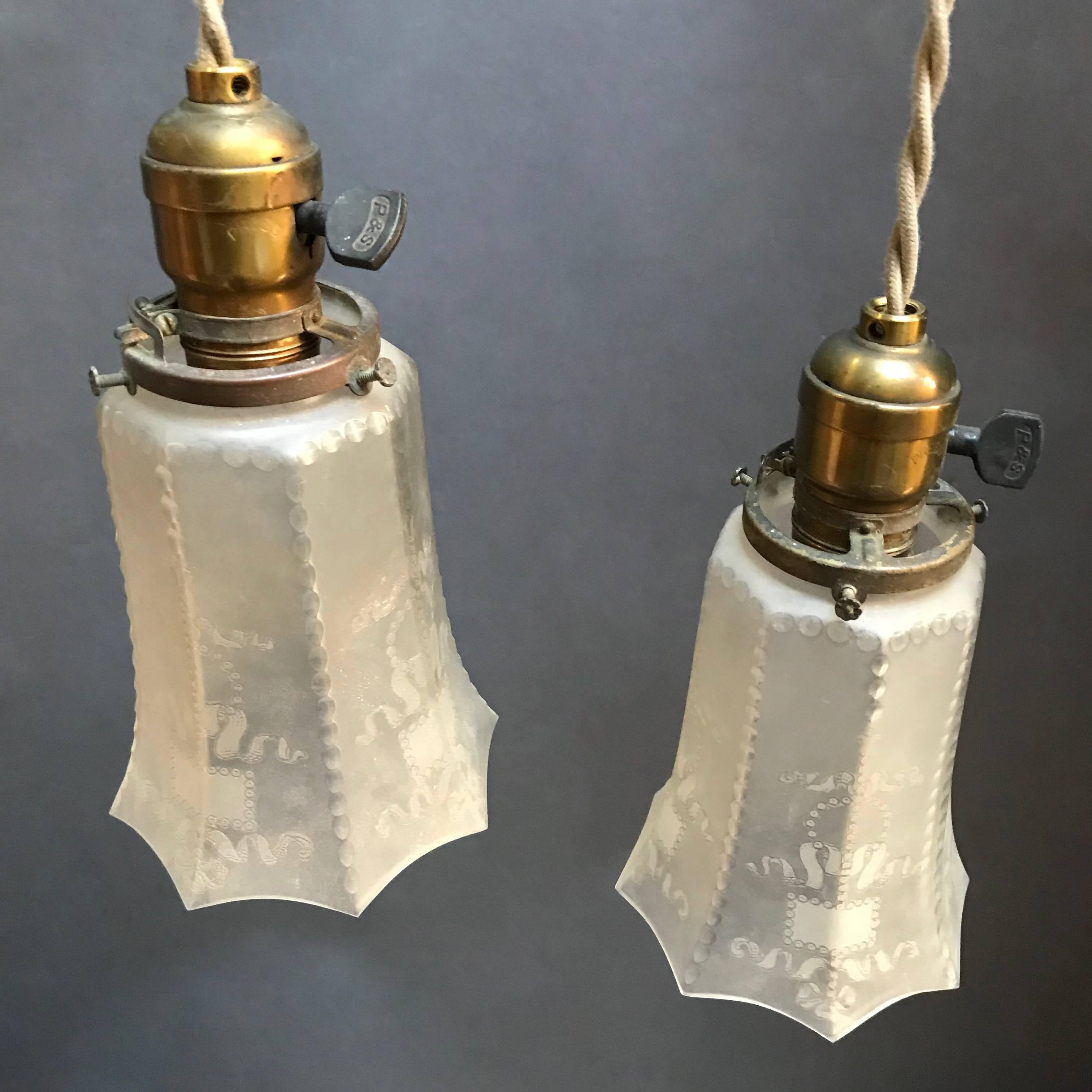 Etched Pair of Industrial Faceted Frosted Glass Pendant Lights