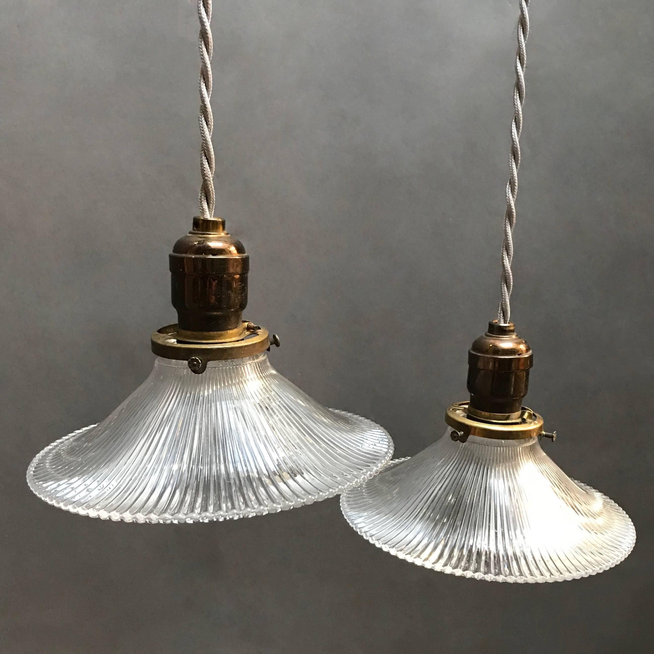 Pair of Sloped Prismatic Holophane Glass Pendant Lights In Excellent Condition In Brooklyn, NY