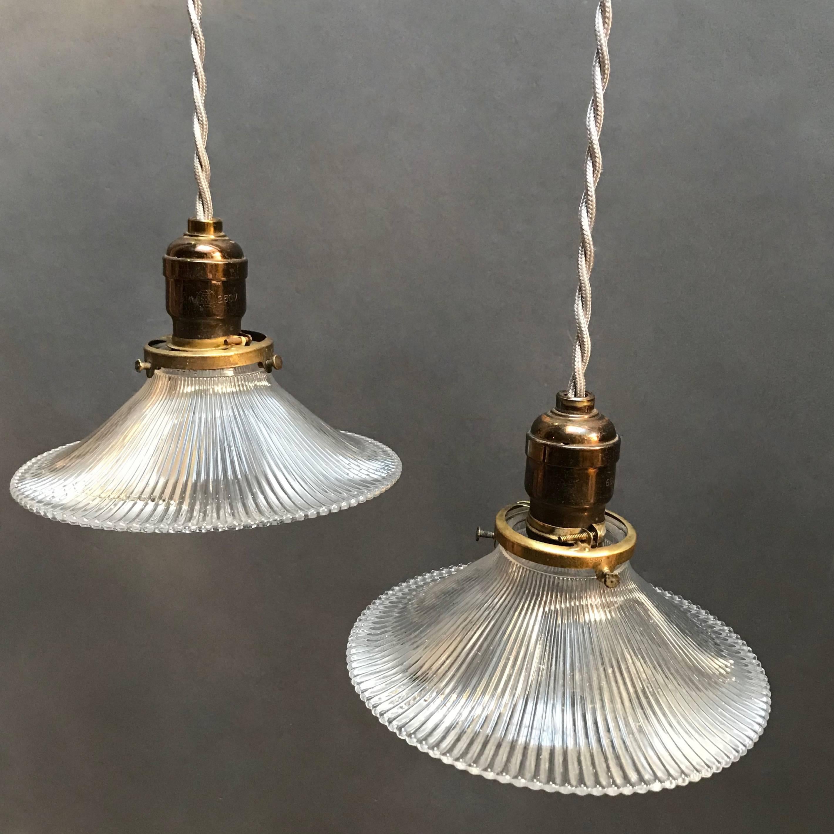 Industrial Pair of Sloped Prismatic Holophane Glass Pendant Lights