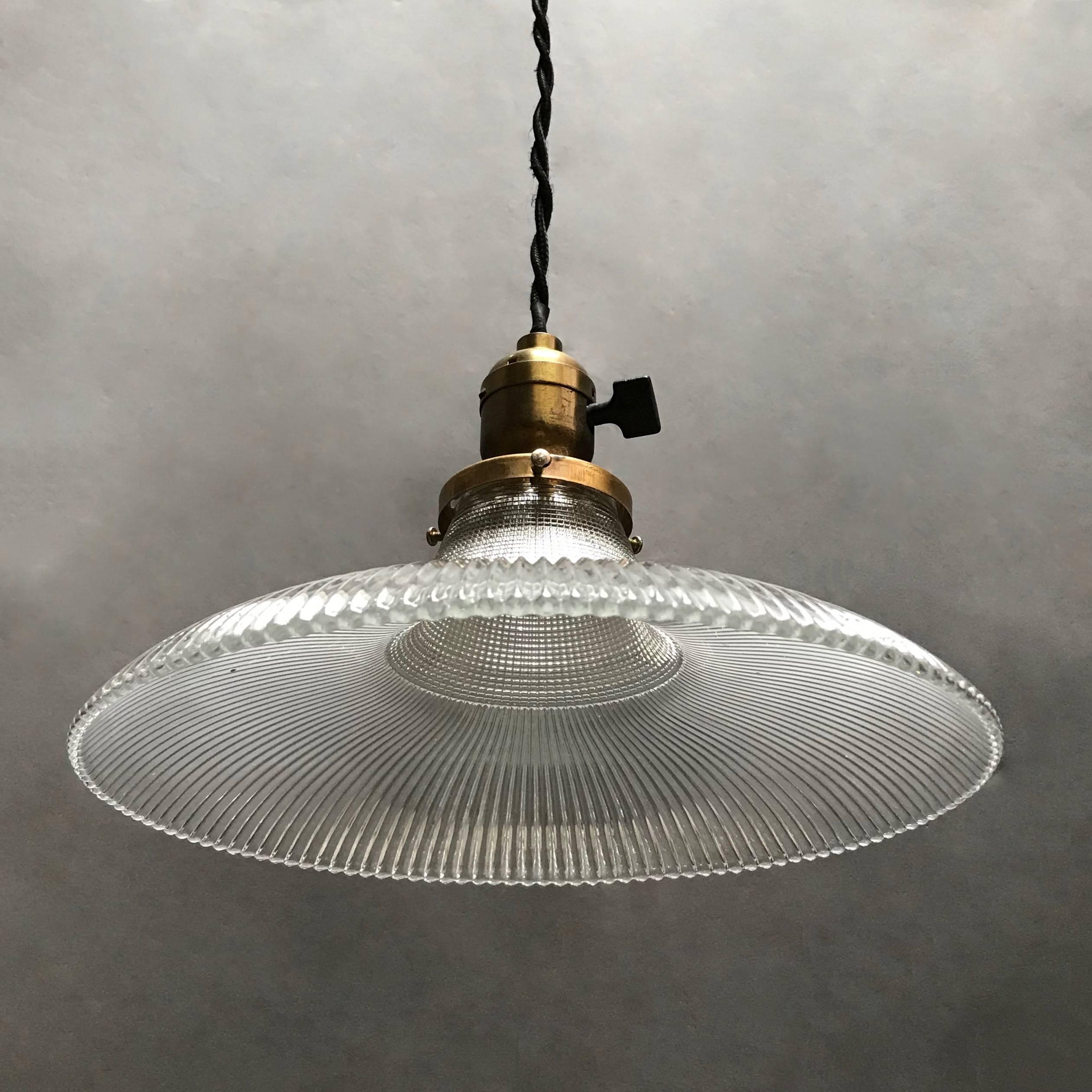 American Industrial Fluted Prismatic Holophane Glass Pendant Light