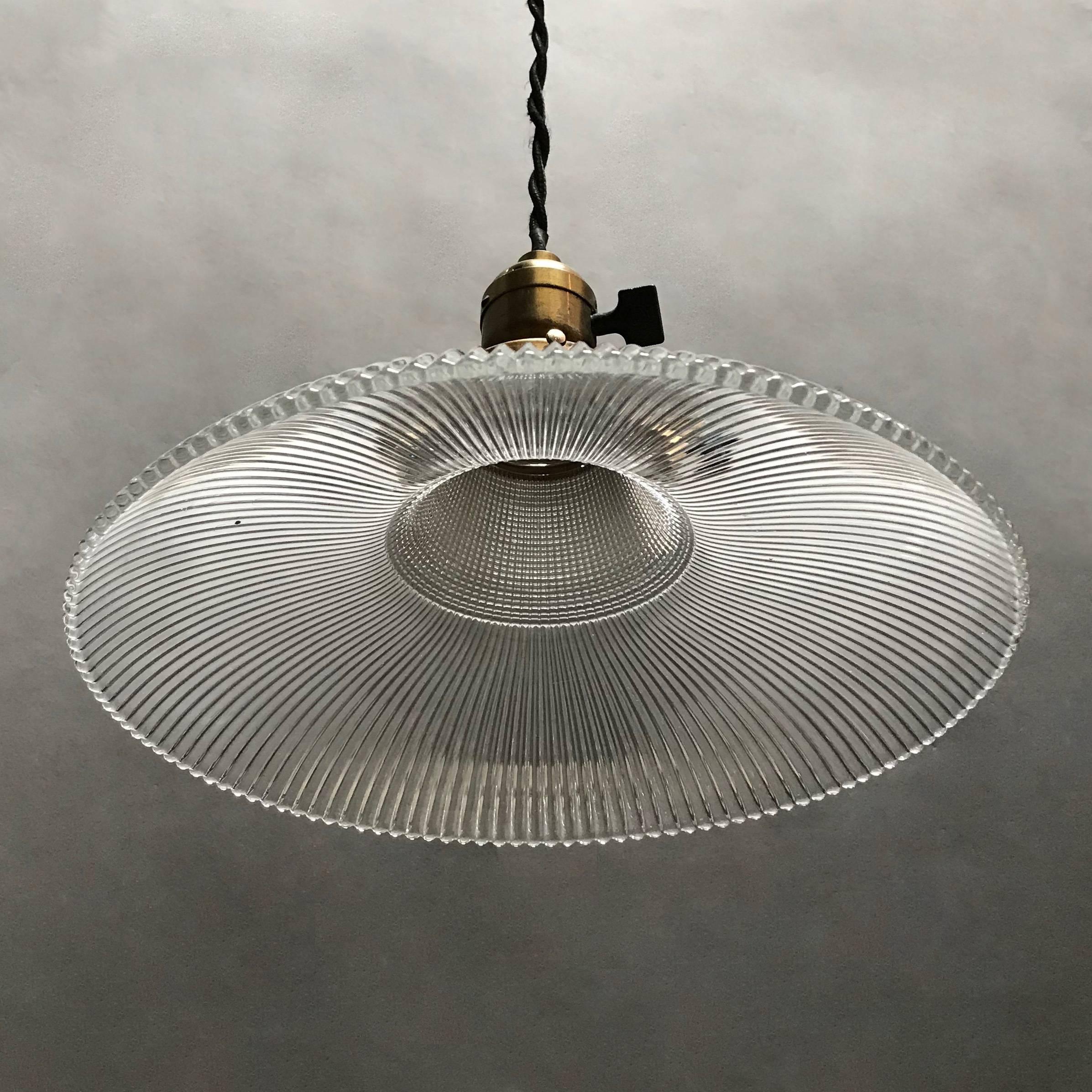Industrial Fluted Prismatic Holophane Glass Pendant Light In Excellent Condition In Brooklyn, NY