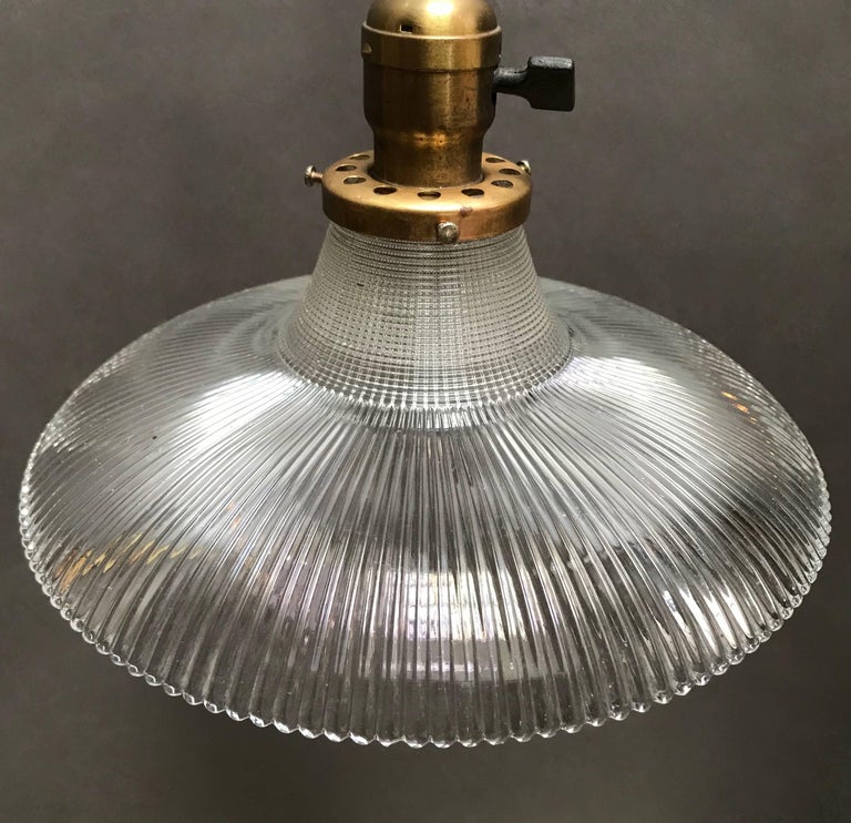 Industrial Fluted Prismatic Holophane Glass Pendant Light at 1stDibs