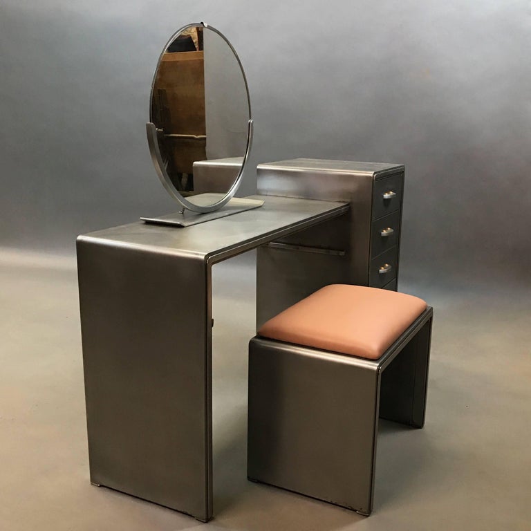 Norman Bel Geddes For Simmons Art Deco Brushed Steel Vanity Desk Set at