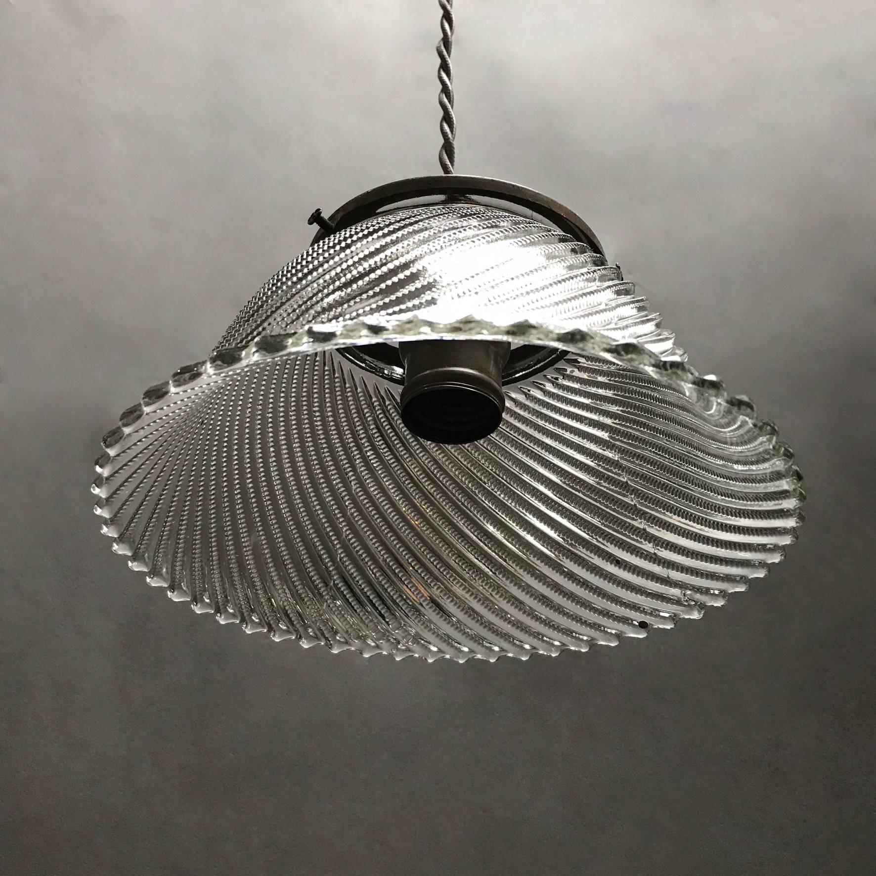 Early 20th Century Industrial Swirled Holophane Glass Bell Pendant Light