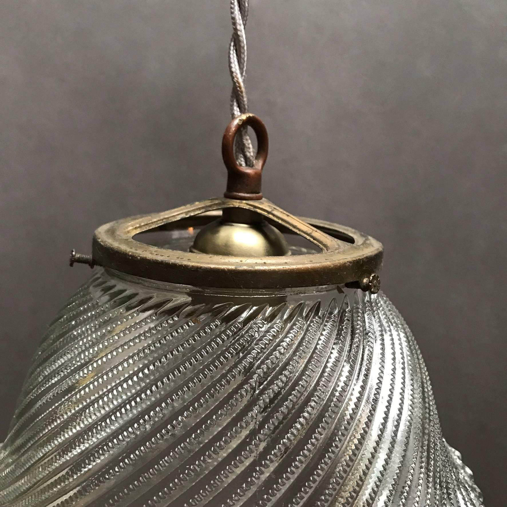 Industrial Swirled Holophane Glass Bell Pendant Light In Excellent Condition In Brooklyn, NY
