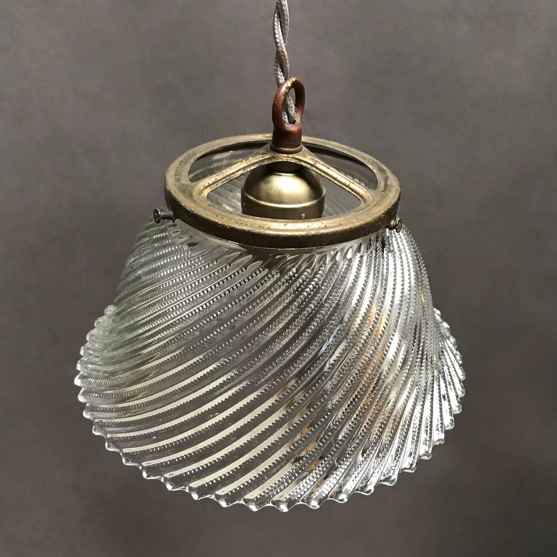 American Industrial Swirled Holophane Glass Bell Pendant Light