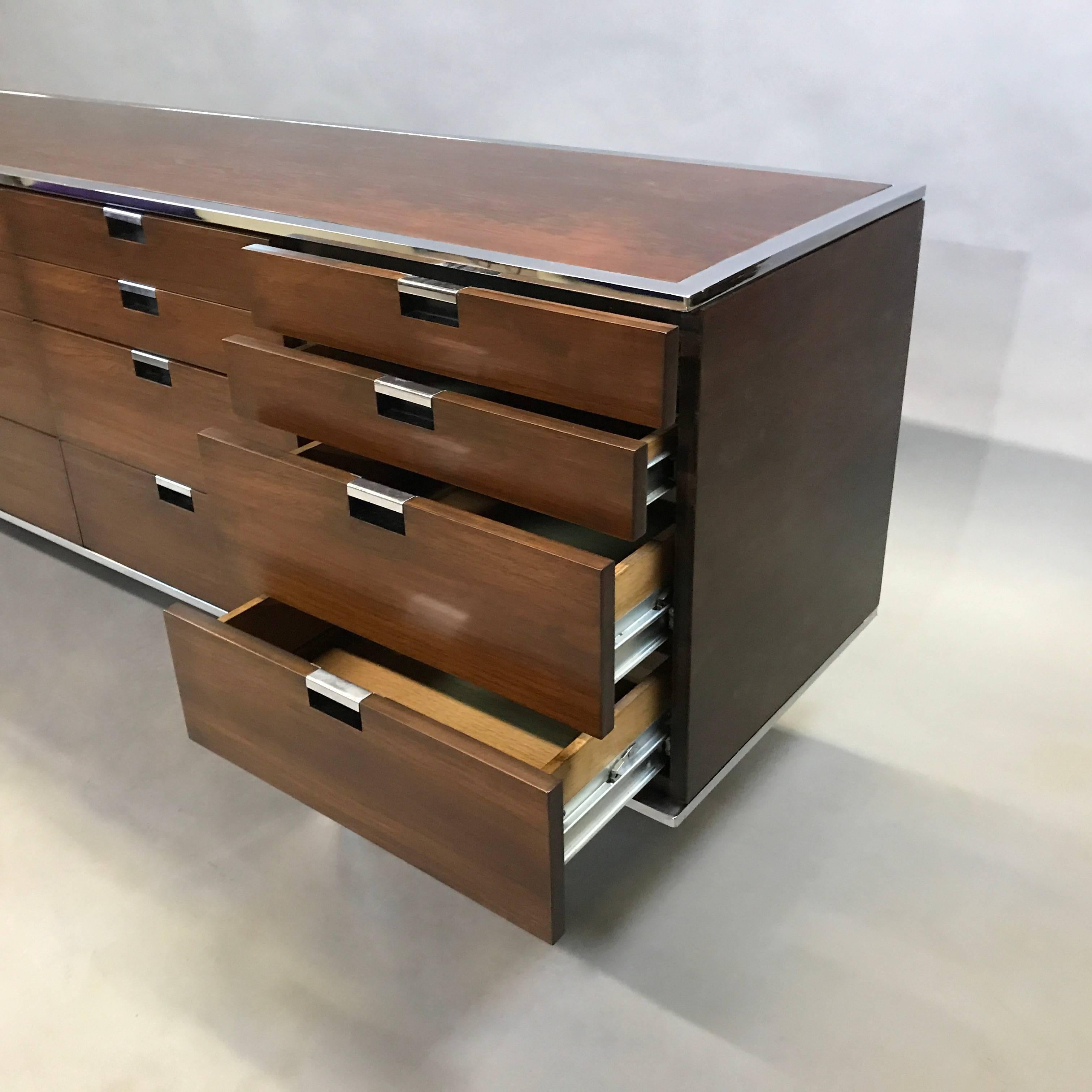 Roger Sprunger for Dunbar Rosewood and Chrome Credenza In Excellent Condition In Brooklyn, NY