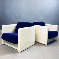Modernist White Molded Fiberglass And Velvet Cube Club Chairs