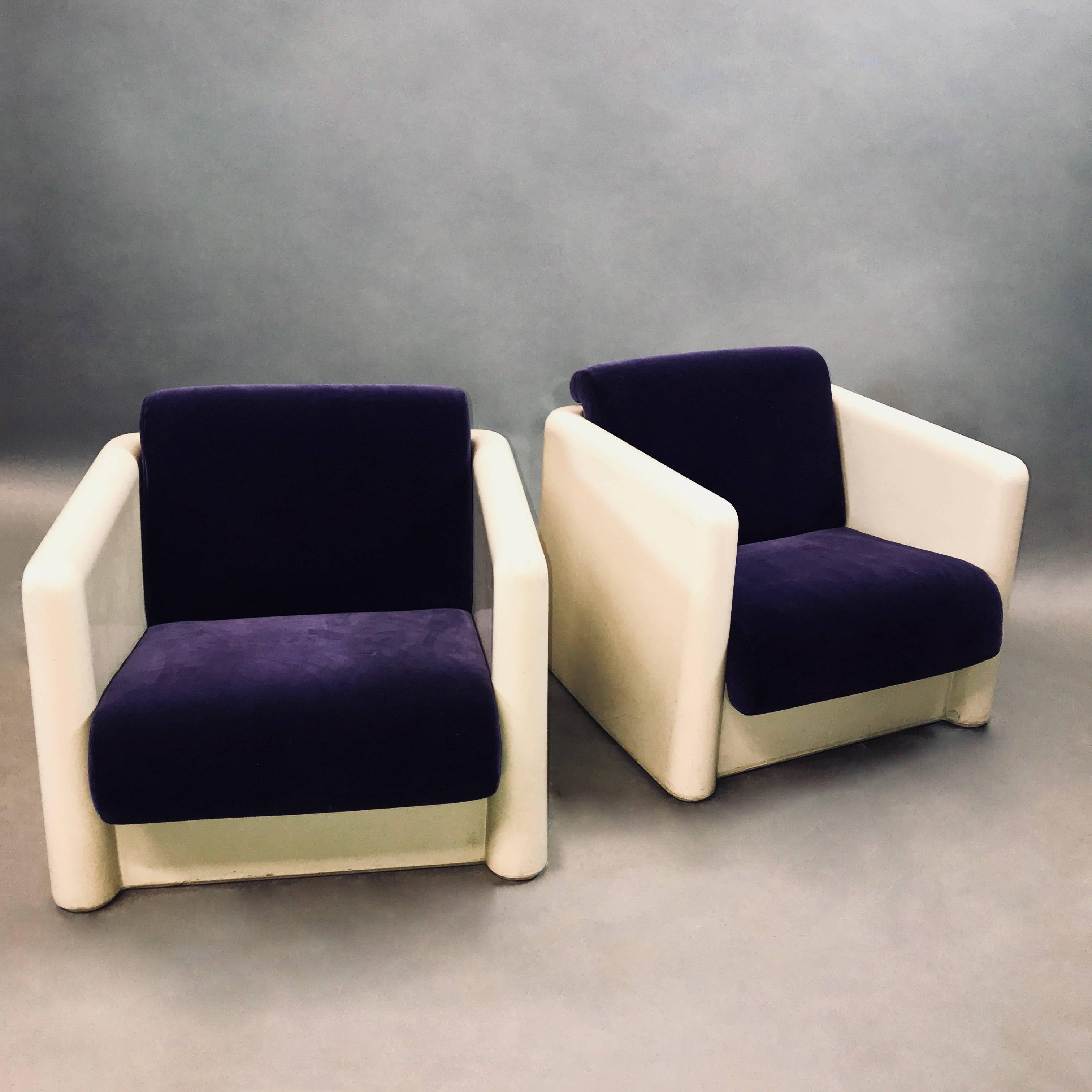 American Modernist White Molded Fiberglass And Velvet Cube Club Chairs