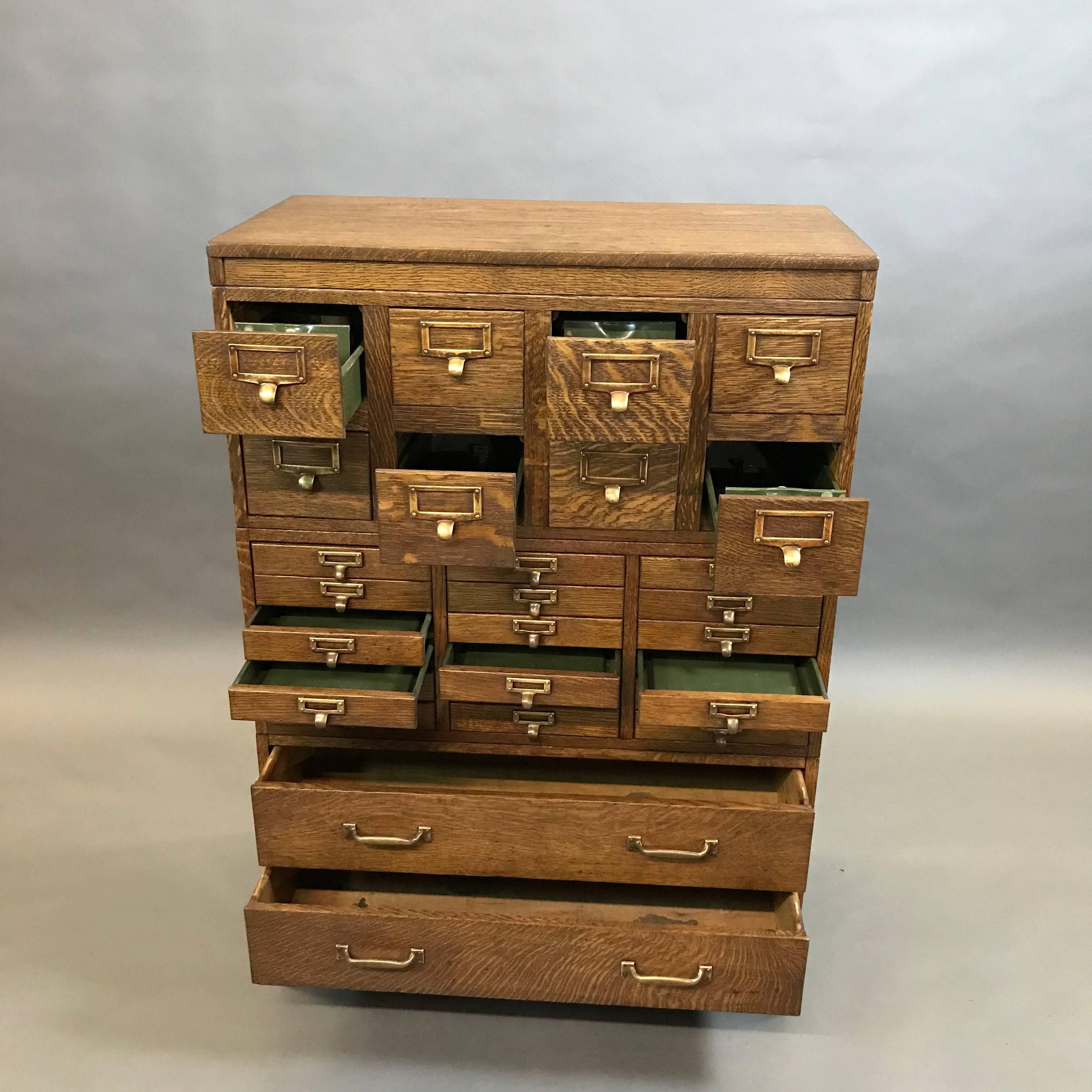Industrial Globe Wernicke Tiger Oak and Brass Multi Drawer Office Cabinet