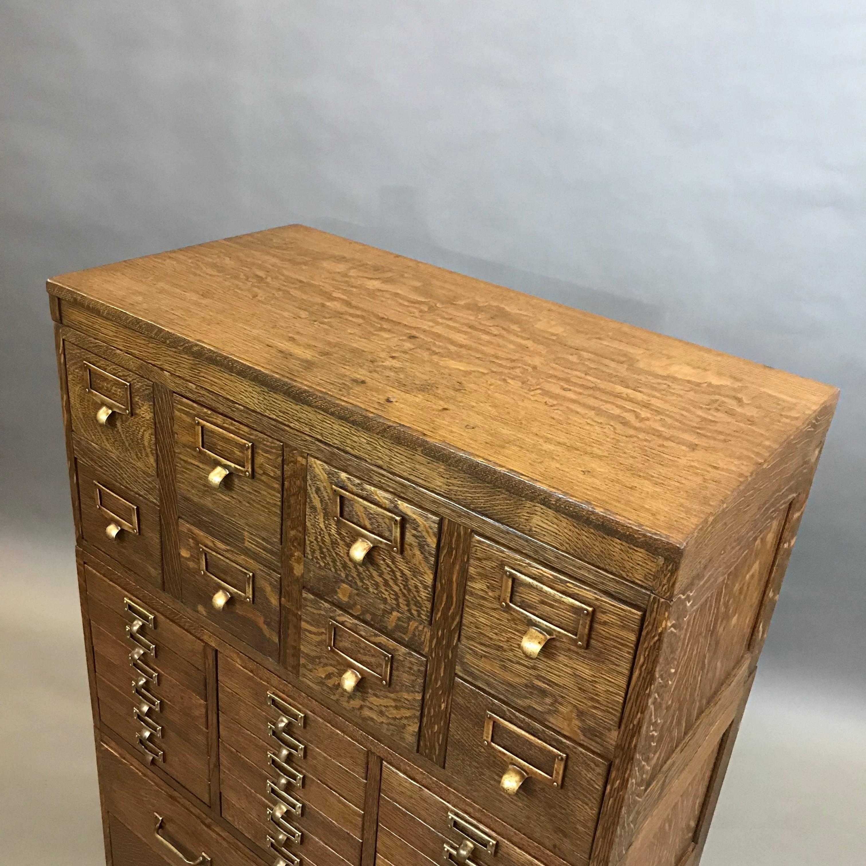 Metal Globe Wernicke Tiger Oak and Brass Multi Drawer Office Cabinet