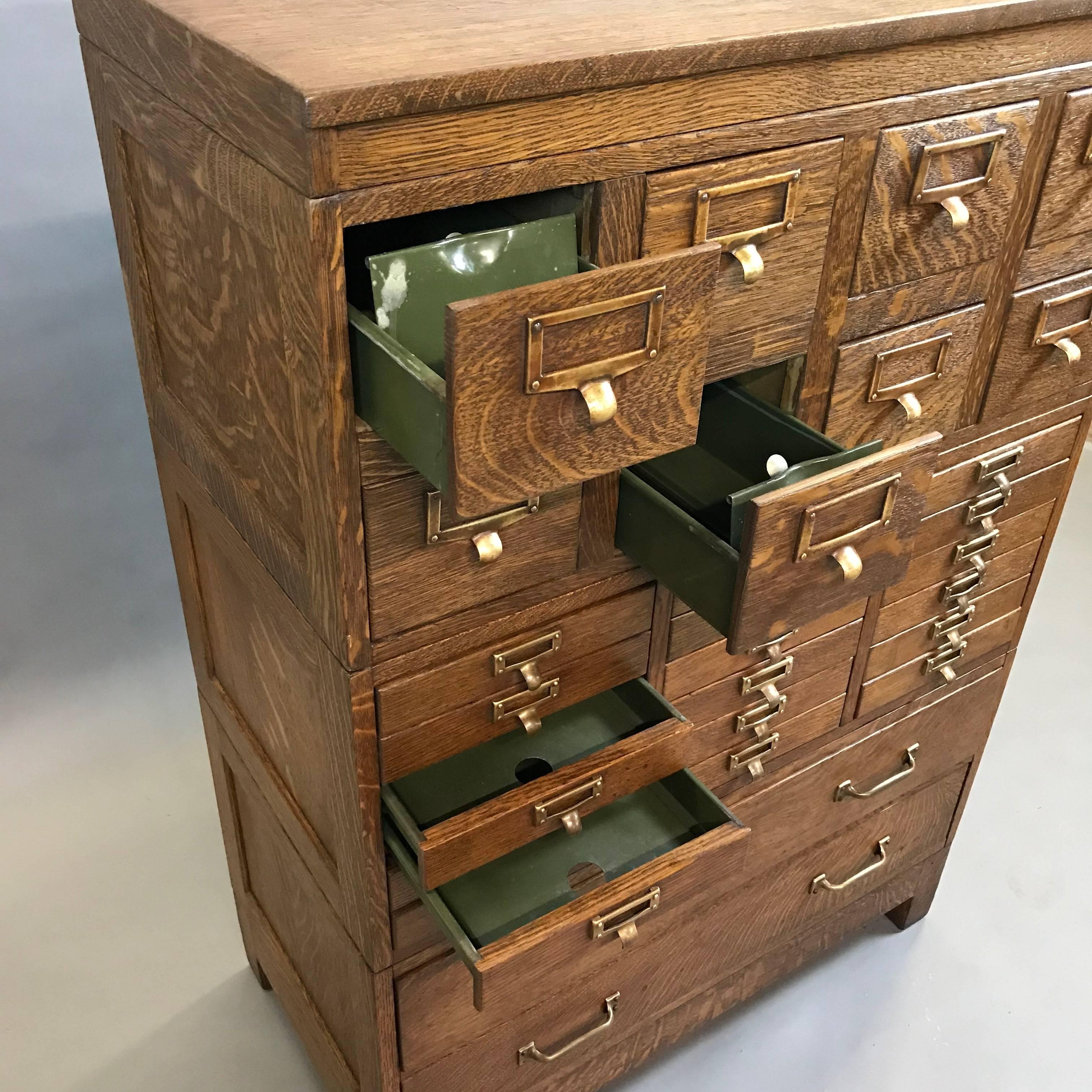 American Globe Wernicke Tiger Oak and Brass Multi Drawer Office Cabinet