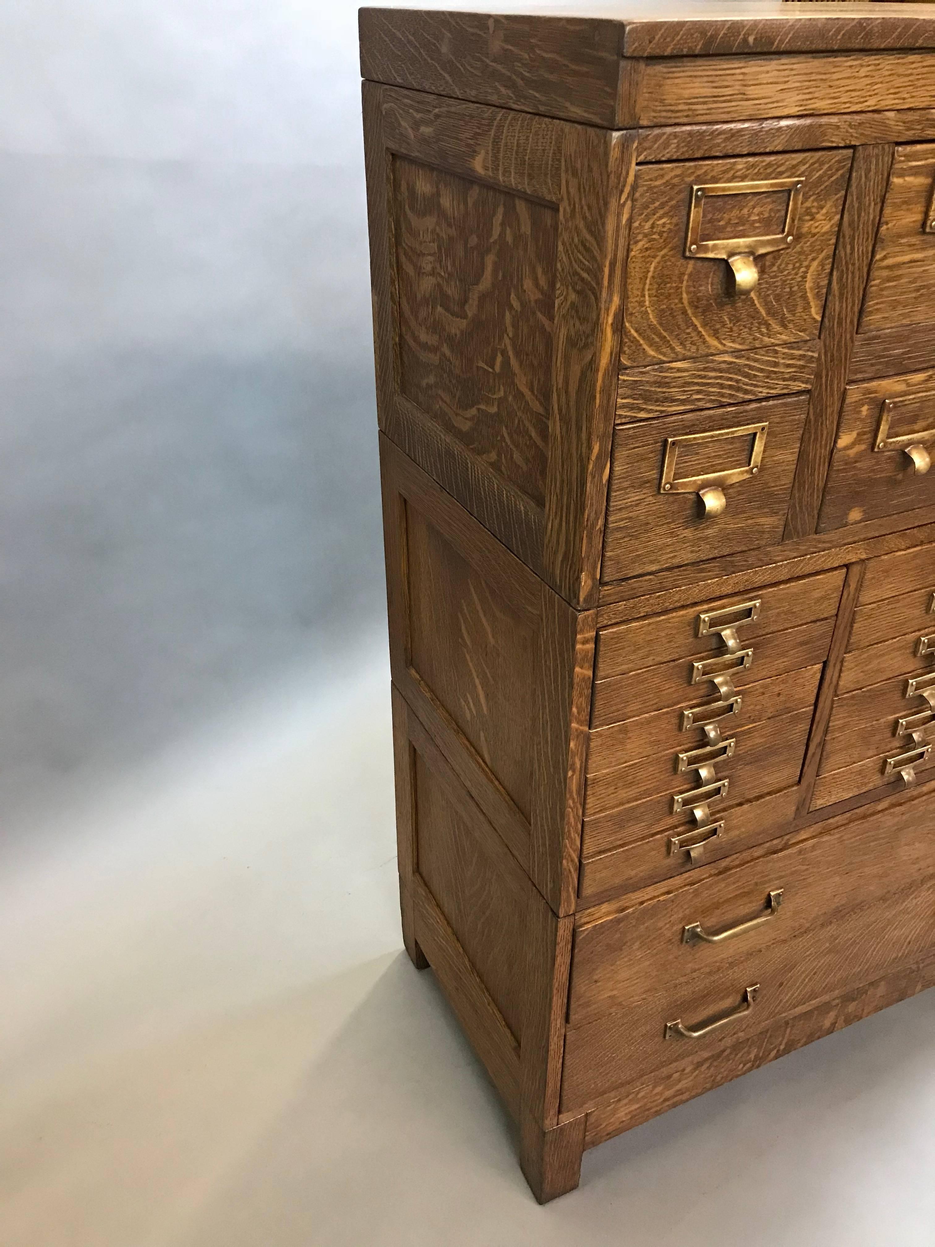 Globe Wernicke Tiger Oak and Brass Multi Drawer Office Cabinet In Excellent Condition In Brooklyn, NY