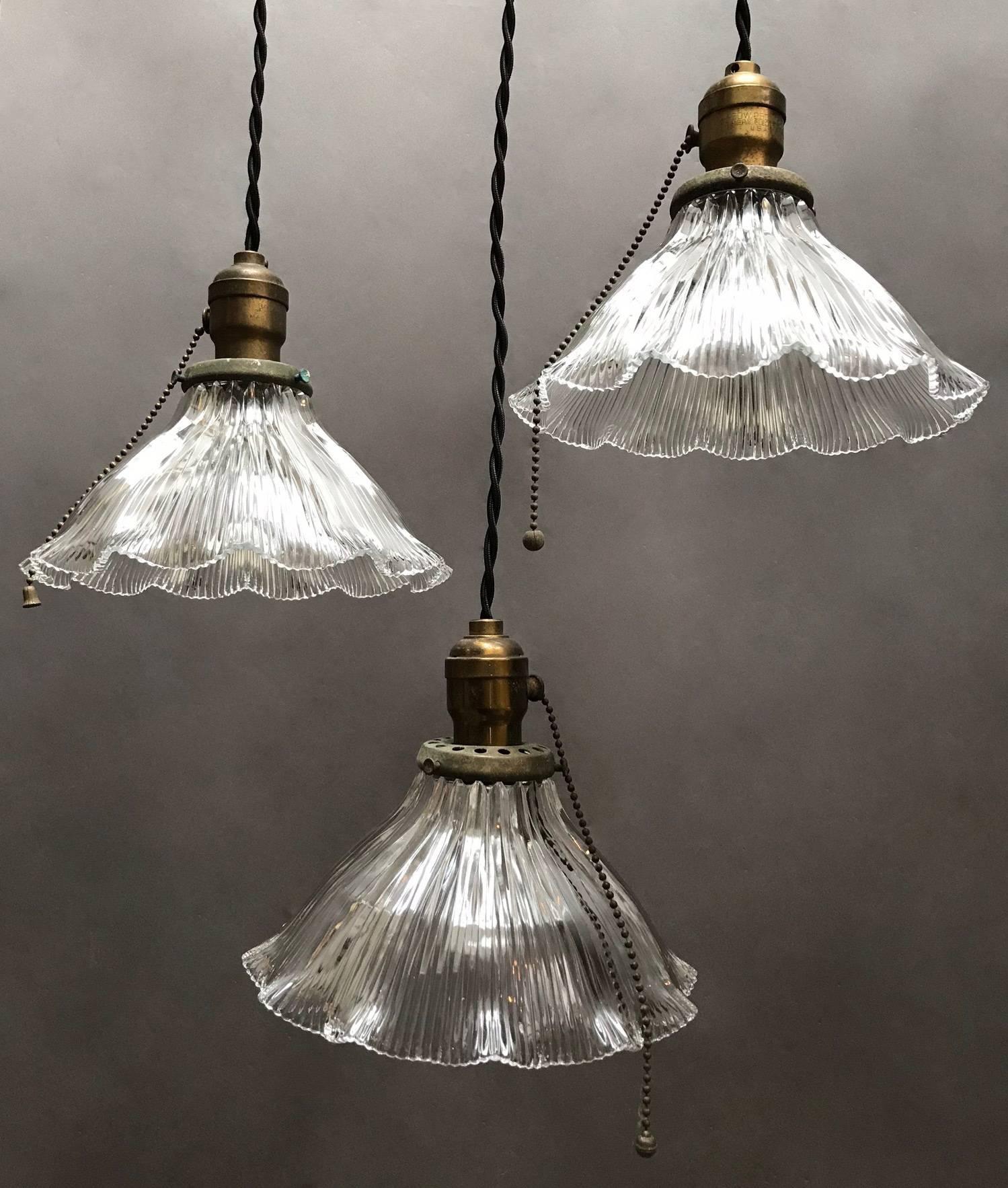 Industrial Prismatic Holophane Ruffled Bell Shade Pendant Lights