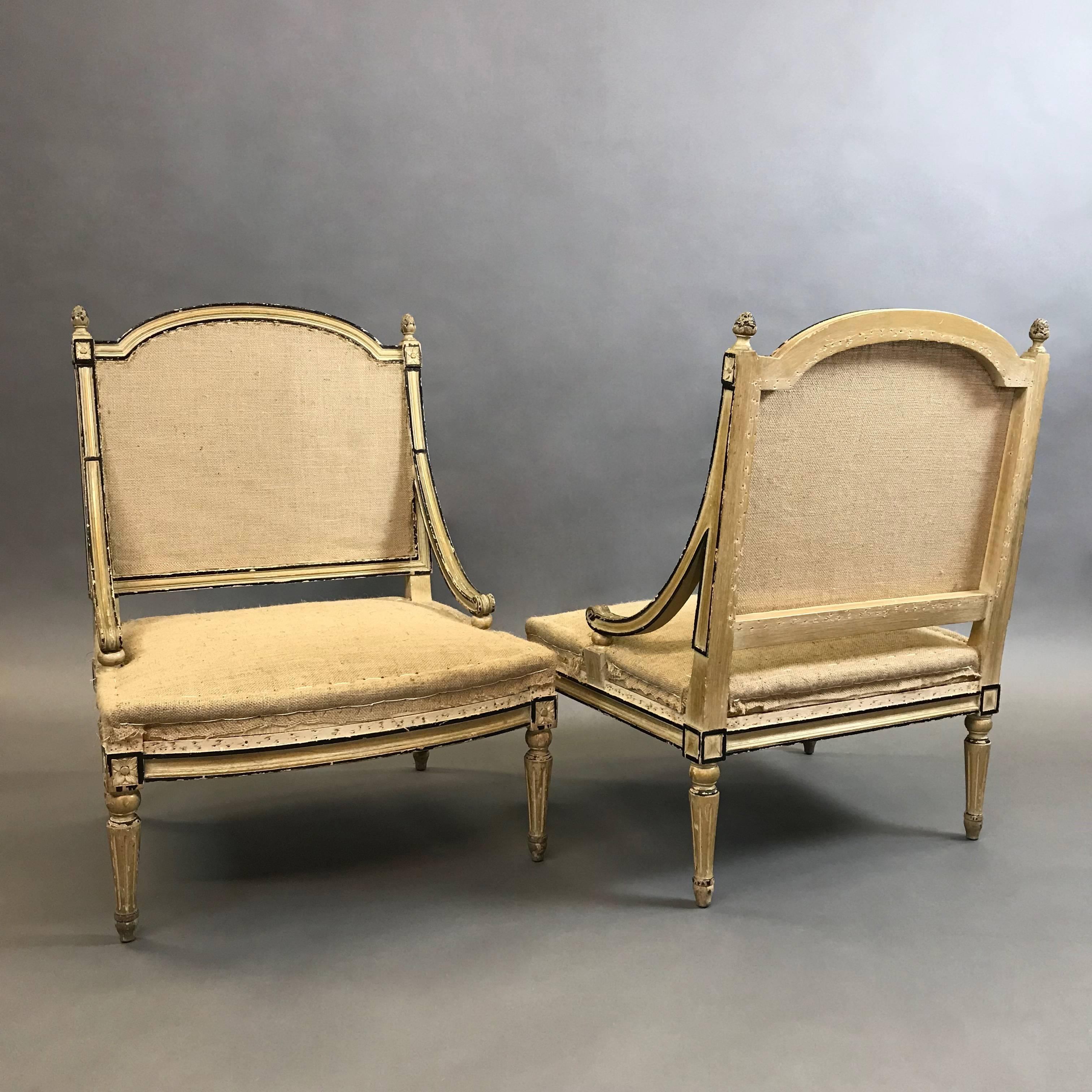 Pair of Gilt Mahogany Louis XVI Bergère Chairs In Excellent Condition In Brooklyn, NY