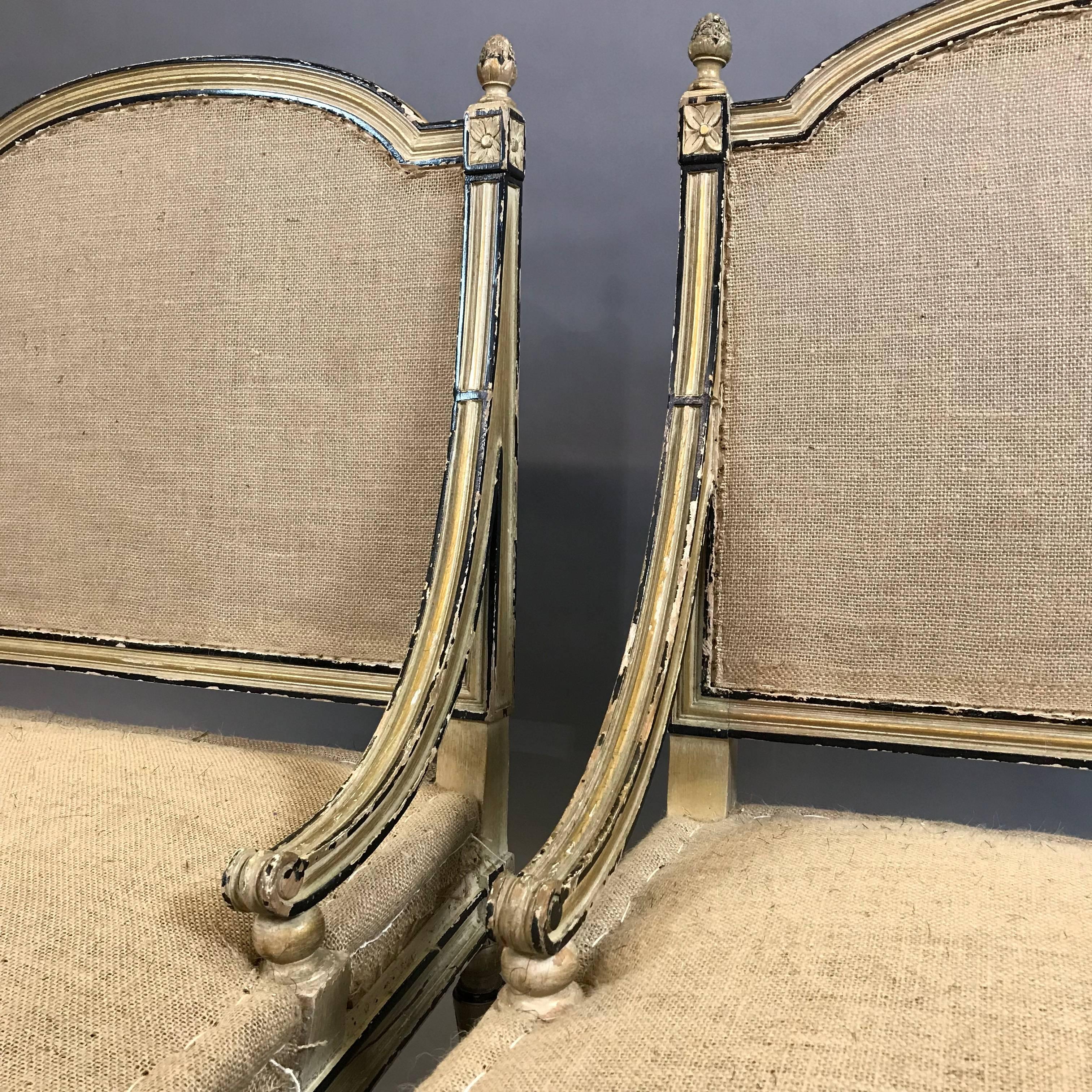 Burlap Pair of Gilt Mahogany Louis XVI Bergère Chairs