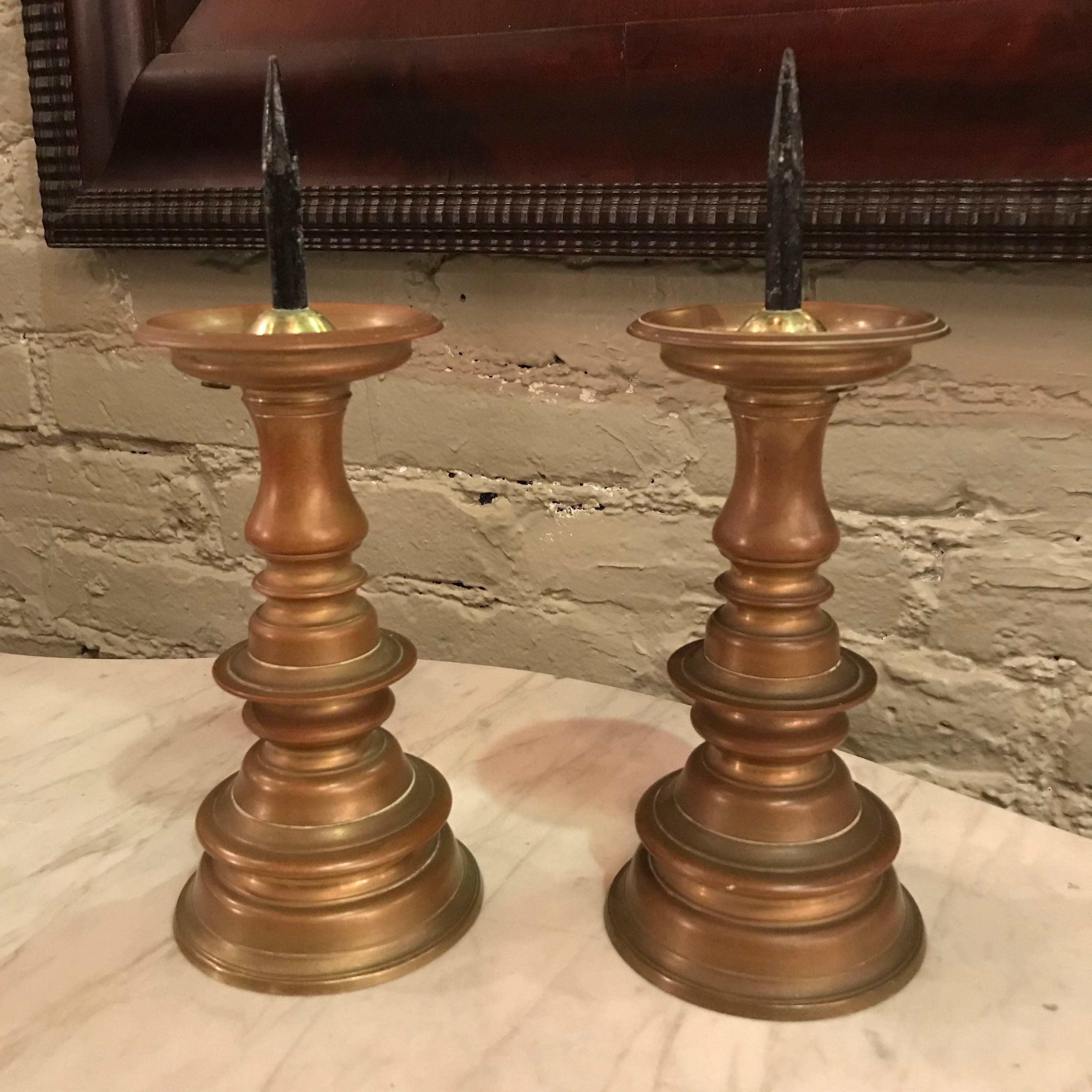 Pair of solid brass, pricket stick, candleholders.