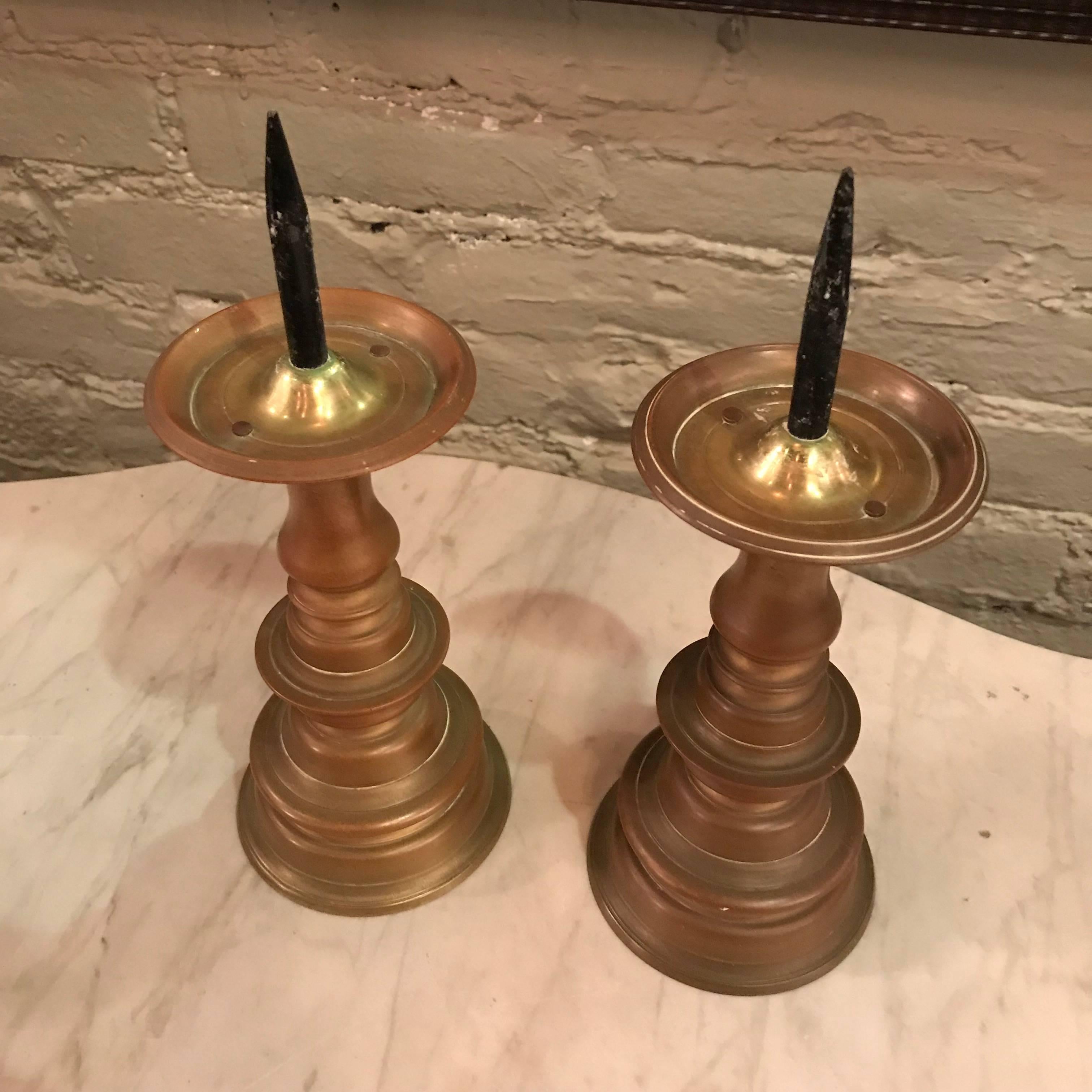 Pair of Brass Pricket Candlesticks In Good Condition In Brooklyn, NY
