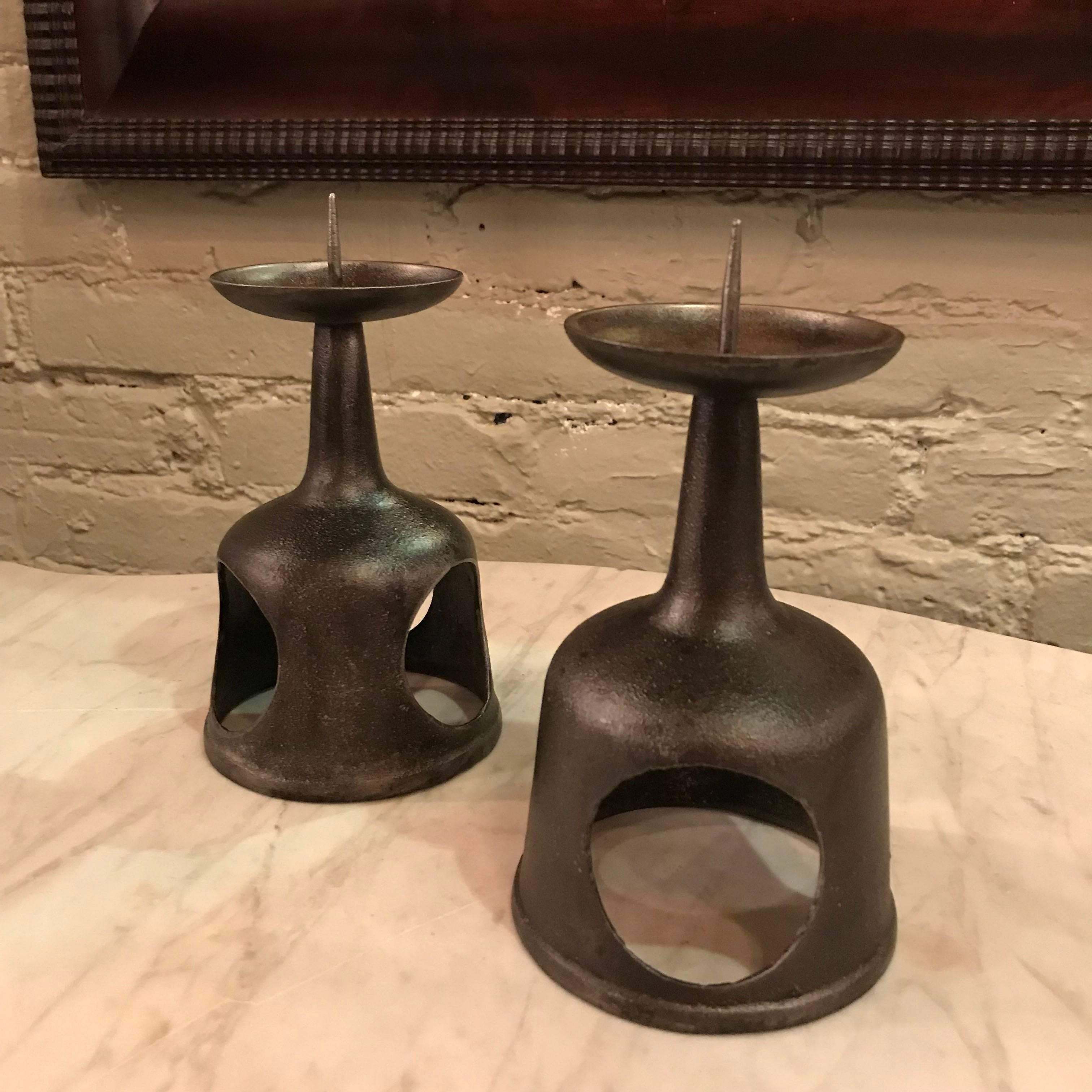 Industrial Pair of Japanese Cast Iron Candlesticks
