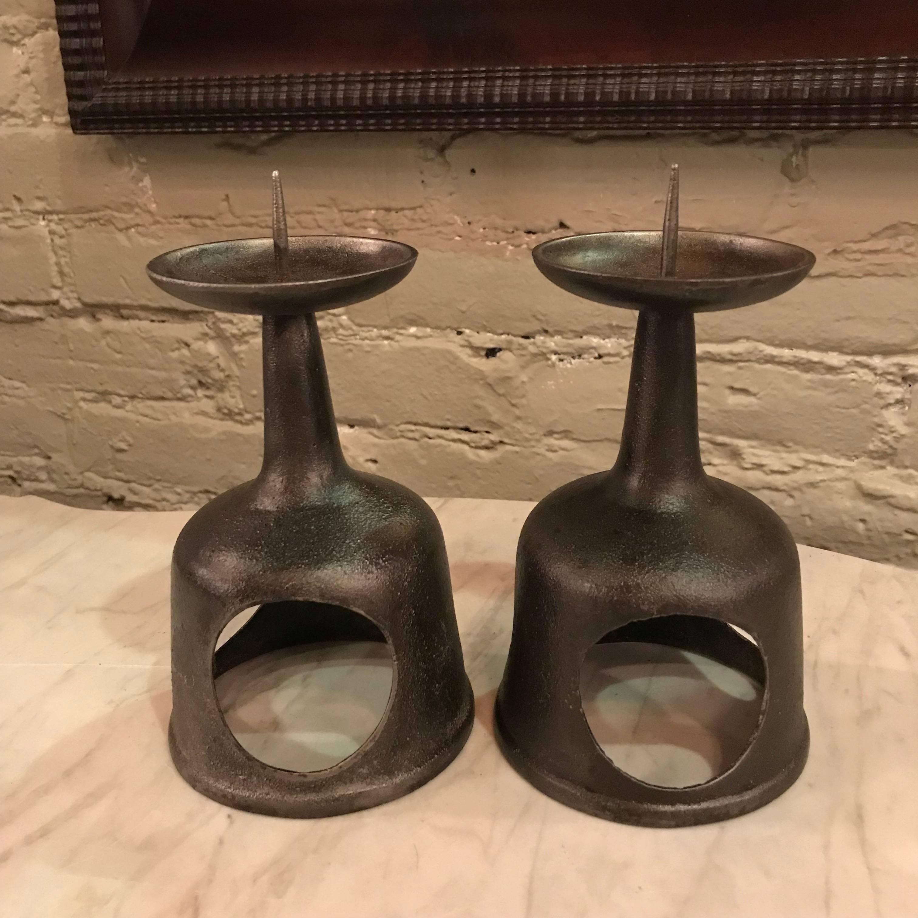 Pair of Japanese Cast Iron Candlesticks In Excellent Condition In Brooklyn, NY