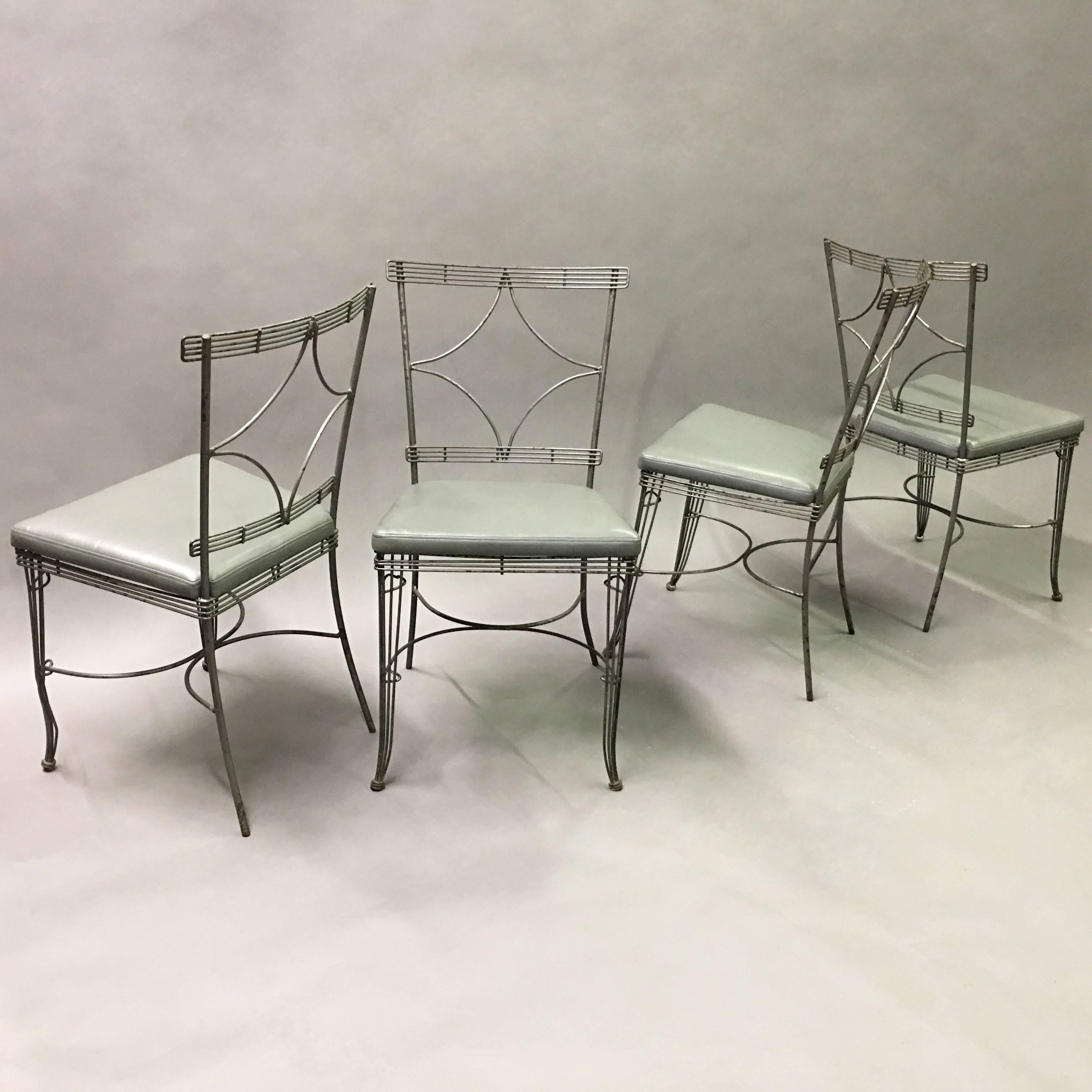 American Hollywood Regency Brushed Steel Wire Dining Chairs For Sale