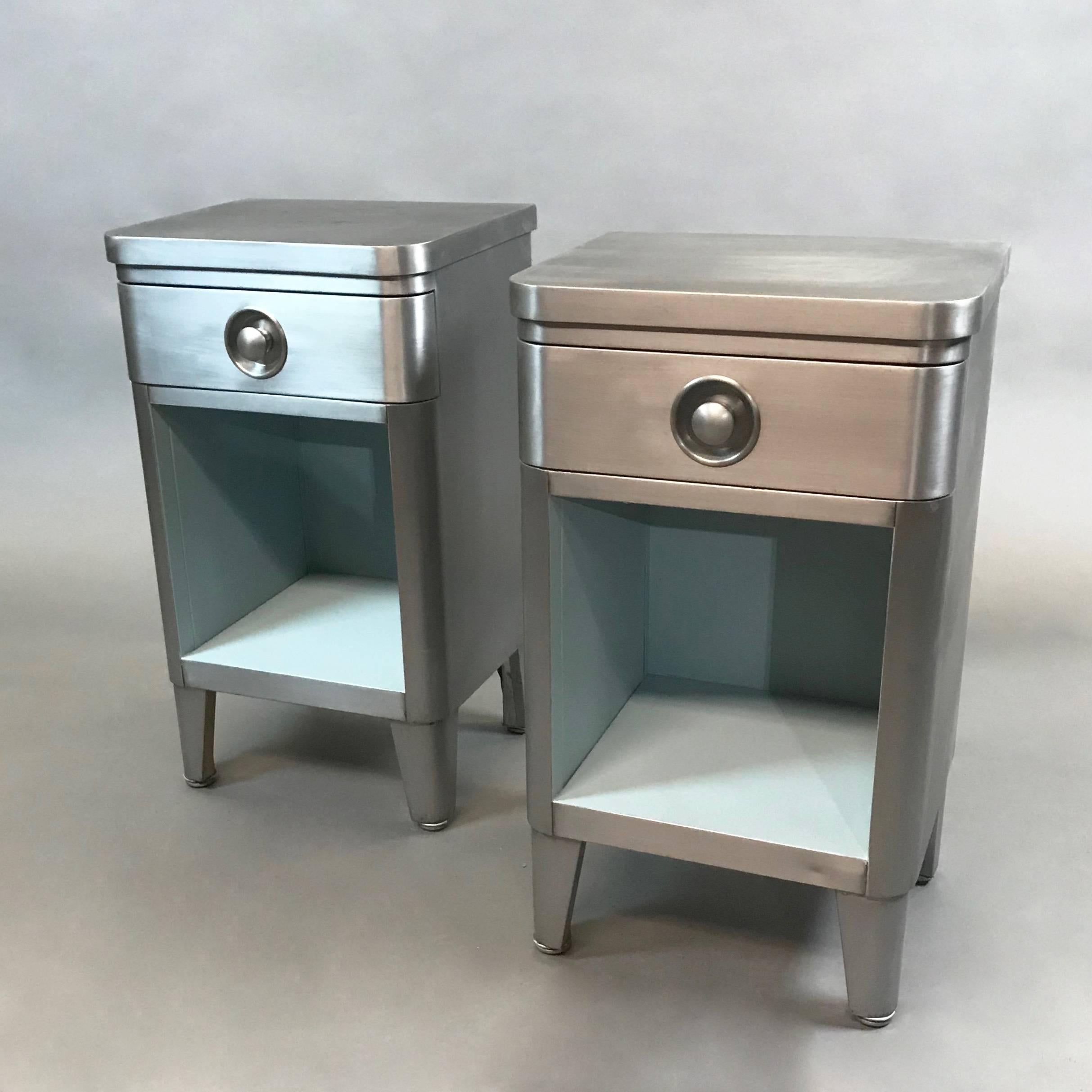 Art Deco Machine Age Brushed Steel Nightstand End Tables by Norman Bel Geddes for Simmons