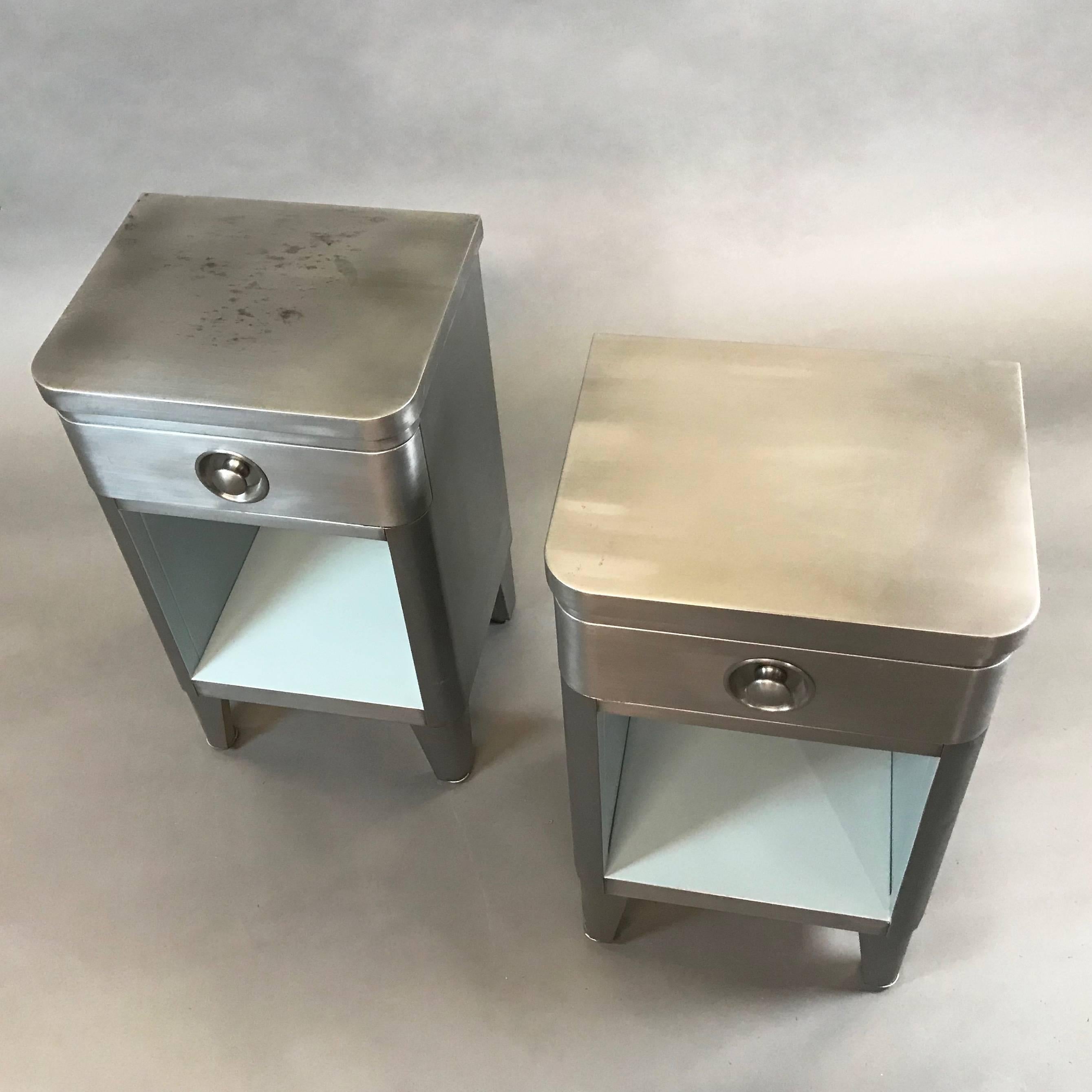 American Machine Age Brushed Steel Nightstand End Tables by Norman Bel Geddes for Simmons