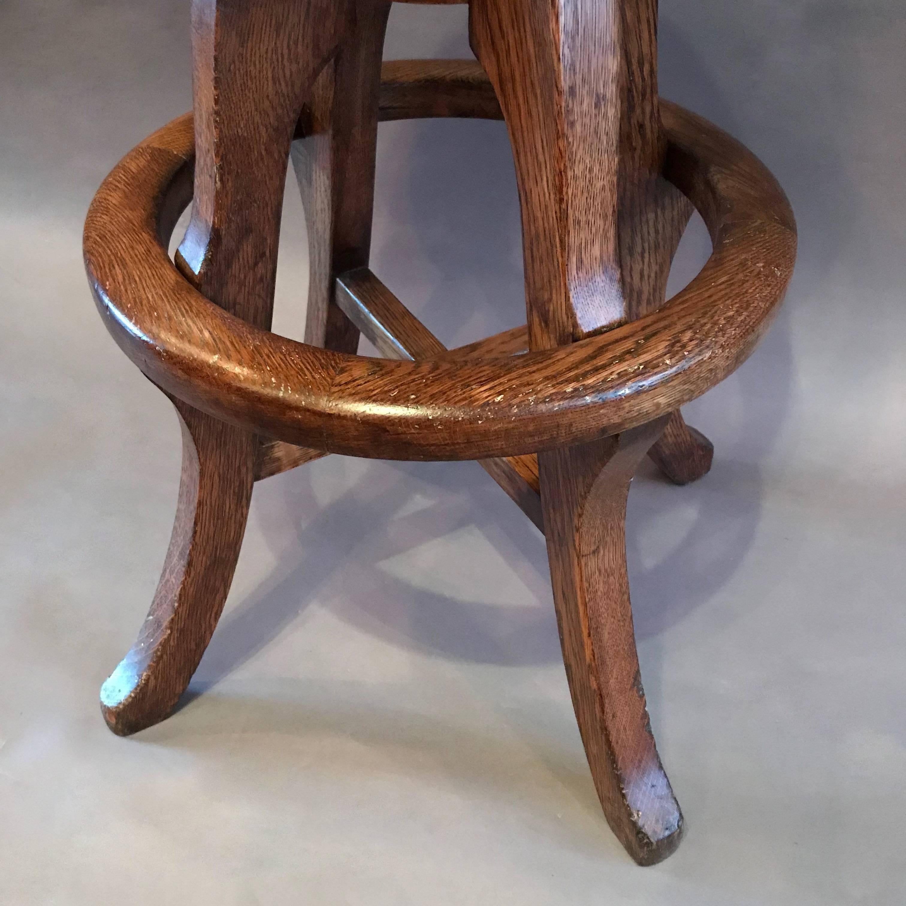 American Solid Oak and Leather Workshop Drafting Stool For Sale