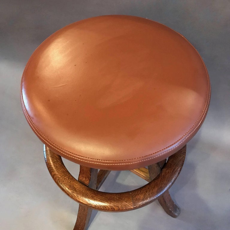 Solid Oak and Leather Drafting Stool For Sale at 1stDibs
