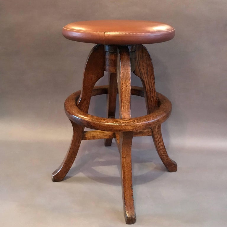 Solid Oak and Leather Drafting Stool For Sale at 1stDibs
